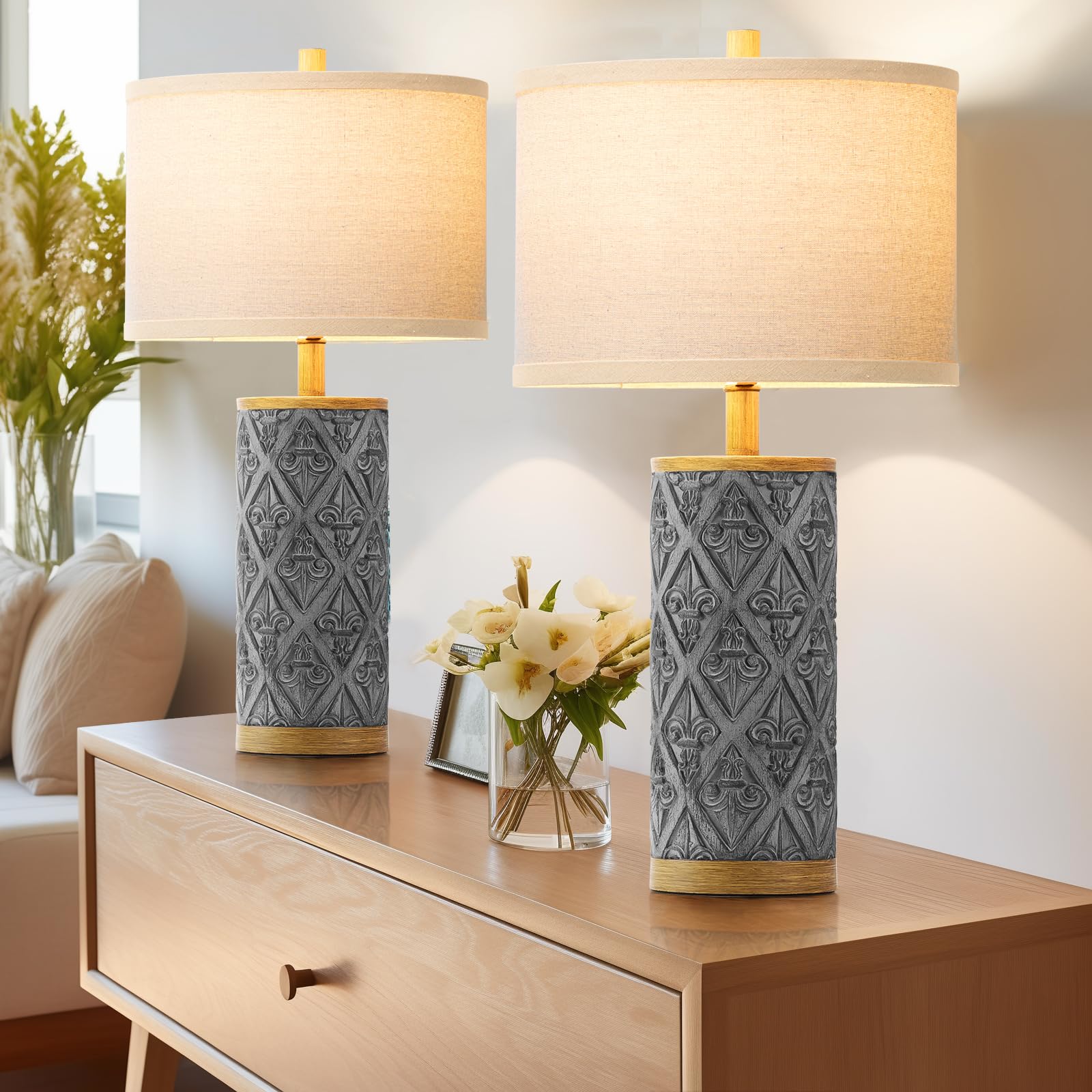 Spclsim 24.8" Farmhouse Table Lamps For Bedrooms Set Of 2, End Table Lamps For Living Room, Rustic Traditional Bedside Nightstand Lamps With Dark-Grey Resin Body Beige Shade, Bulbs Included