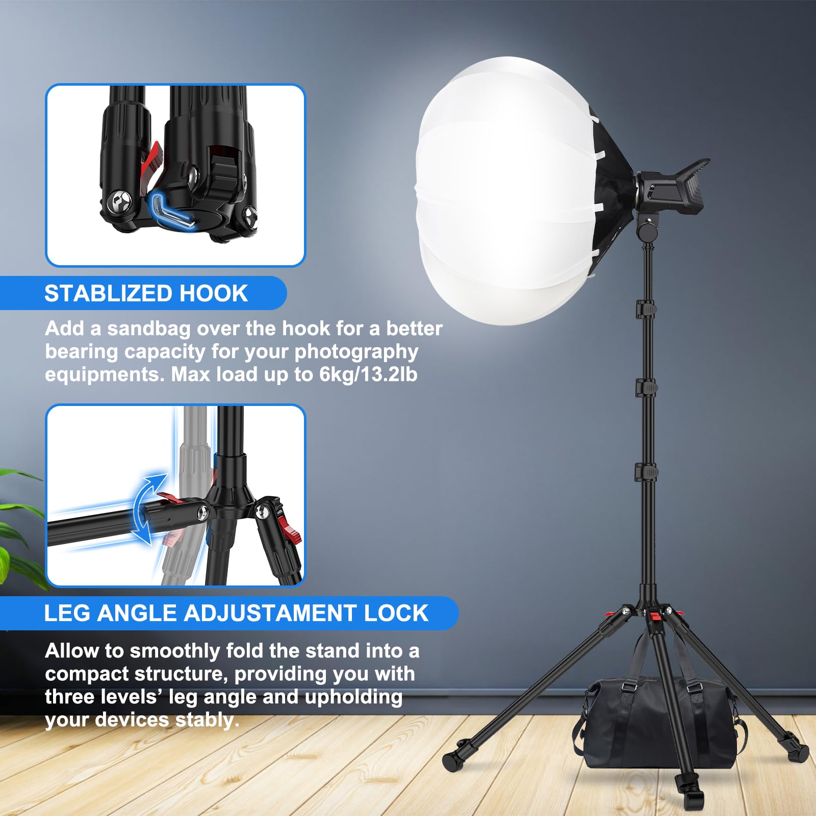 Anautin Extendable Light Stand Photography, 6.6Ft/2M Light Tripod Stand For Travel, 13Lb/6Kg Heavy Duty Studio Lighting Stand For Continue Output Lighting, Flash, Strobe, Webcams, Camera, Softbox