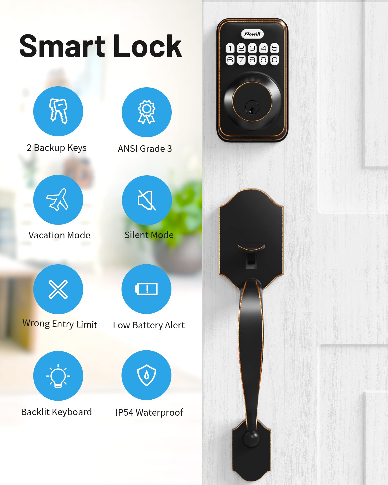 Zowill Keyless Entry Door Lock Set, Electronic Keypad Deadbolt With 2 Handles, Front Door Handle Lever Sets, Auto Lock,Code Door Lock,Oil-Rubbed Bronze