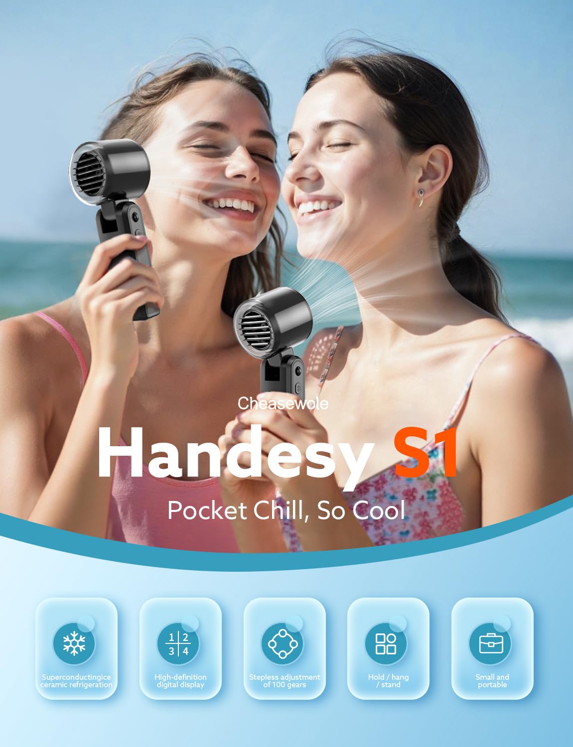 Handheld Portable Fan, Ice Cooling Fan, High Speed Cooling, Rechargeable, 5000Mah, 16H Max
