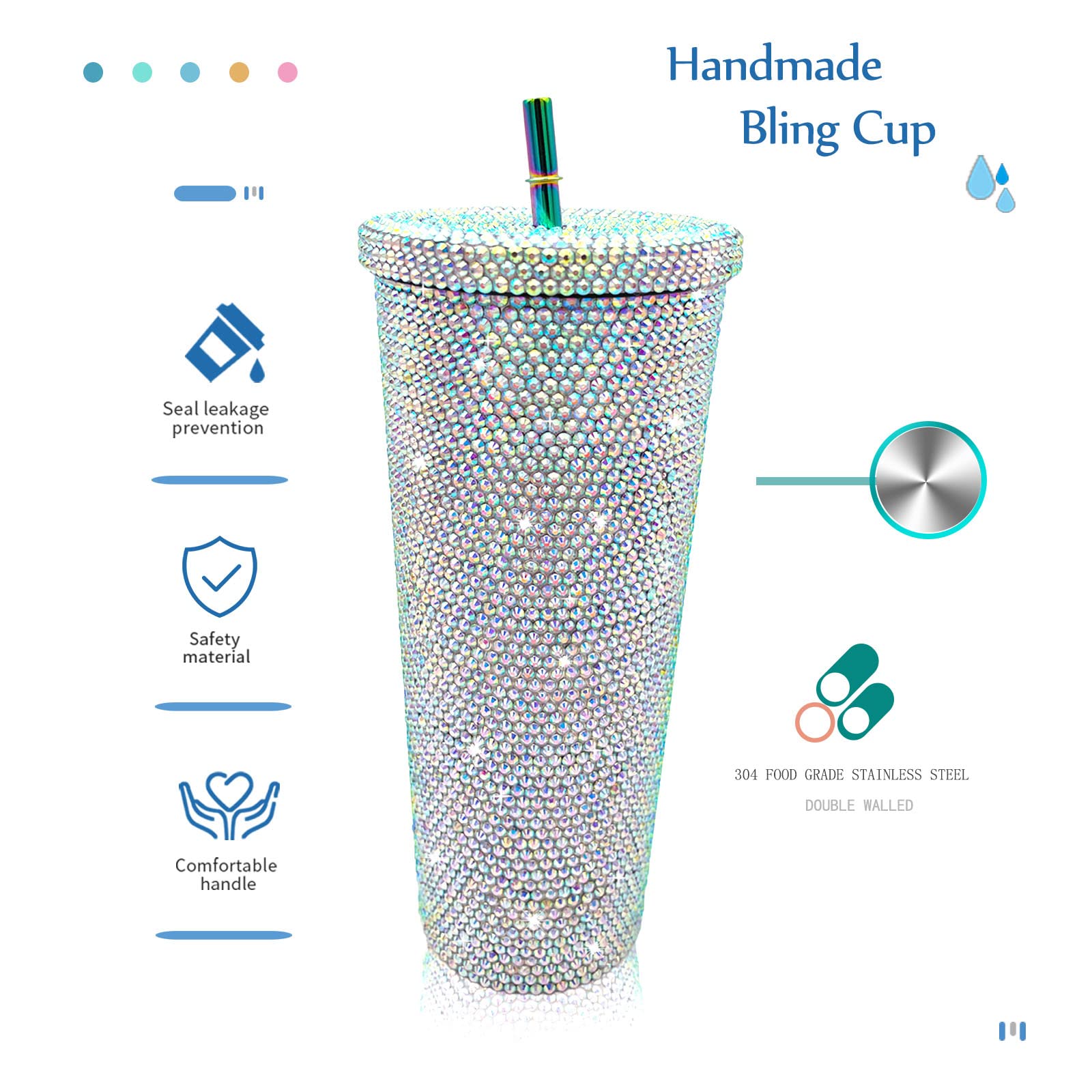 26Oz Bling Cup Diamond Studded Tumbler Glitter Water Bottle With Lid And Straws Stainless Steel