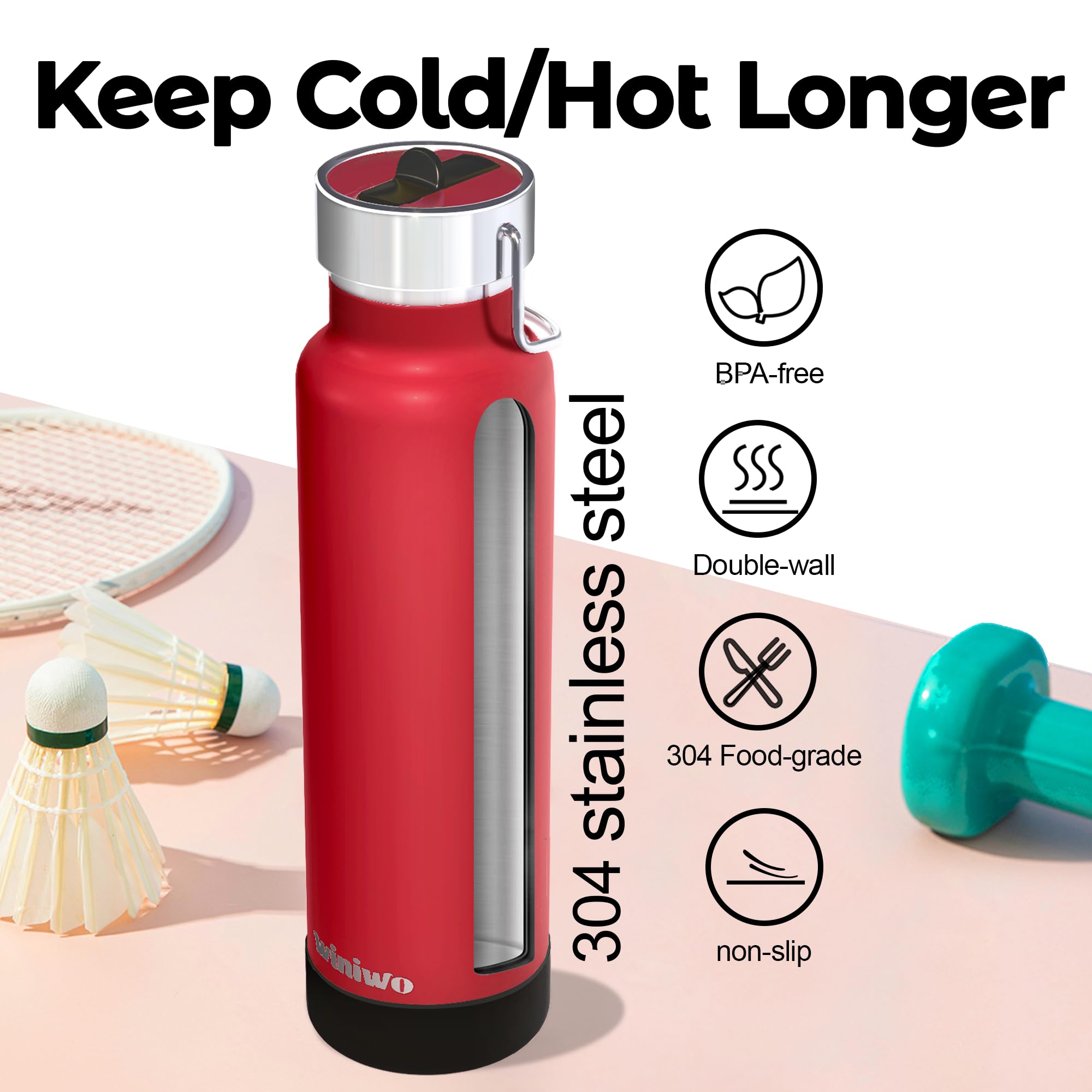 24 Oz Insulated Slim Water Bottle With Flip Straw And Handle, Stainless Steel Water Bottles