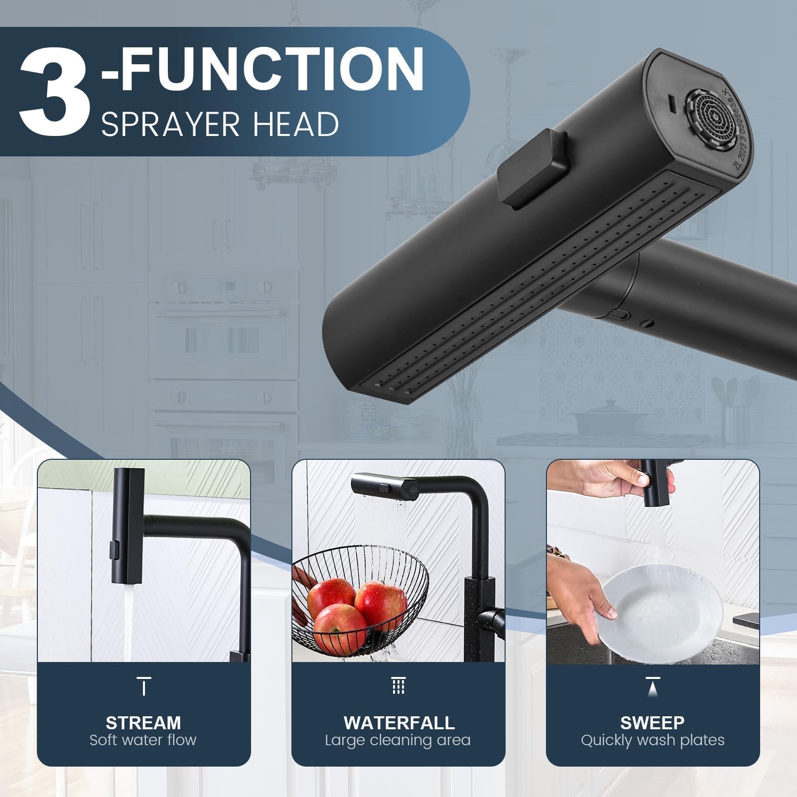 Aleasha Kitchen Faucet With Pull Down Sprayer: Waterfall Kitchen Faucet With Soap Dispenser, Matte Black Single Hole Sink Faucet For Rv/Bar, Single Handle Brass Pull Out Modern Kitchen Faucets