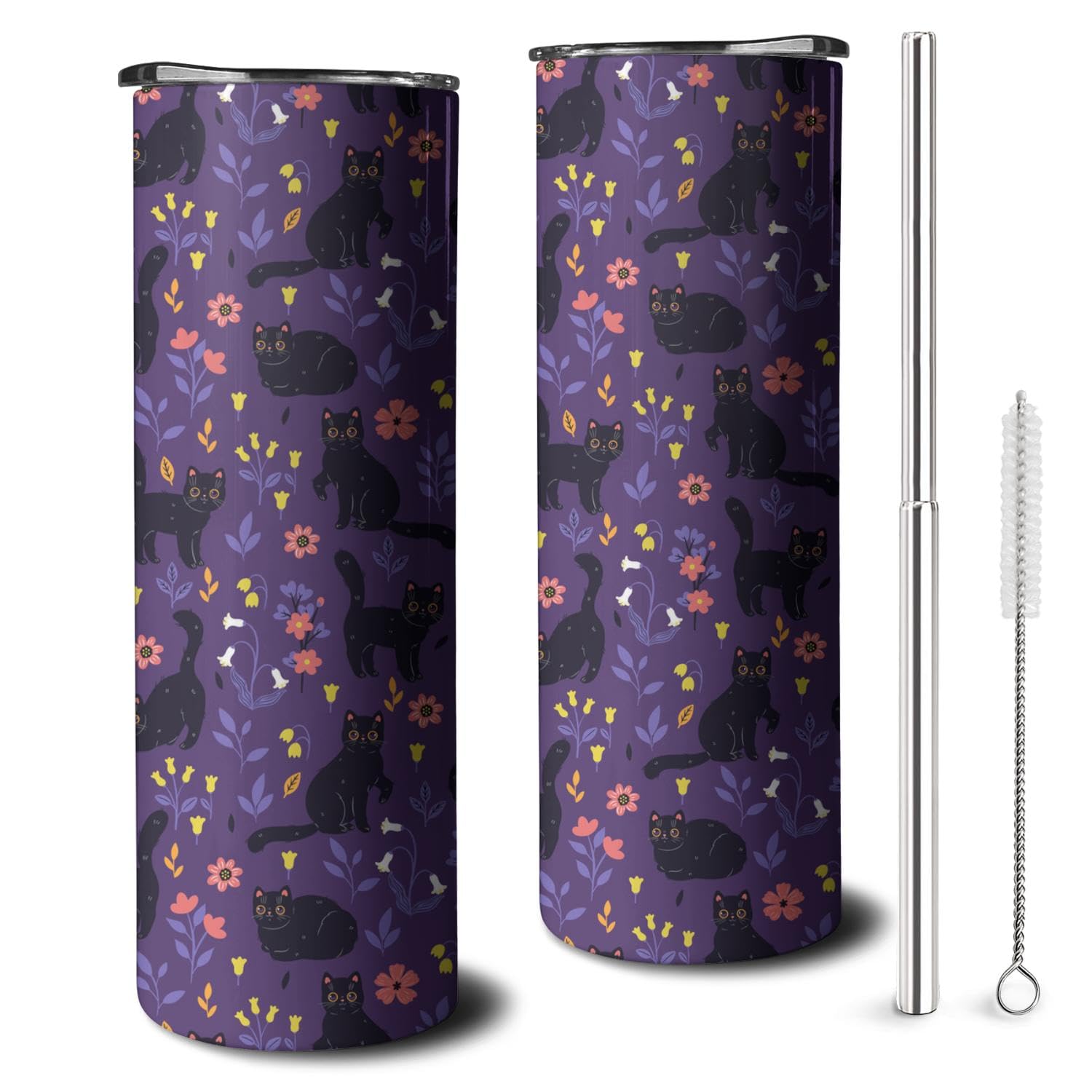 Cute Cat With Flower Tumbler With Handle And Straw, 20Oz Stainless Steel Insulated Cup