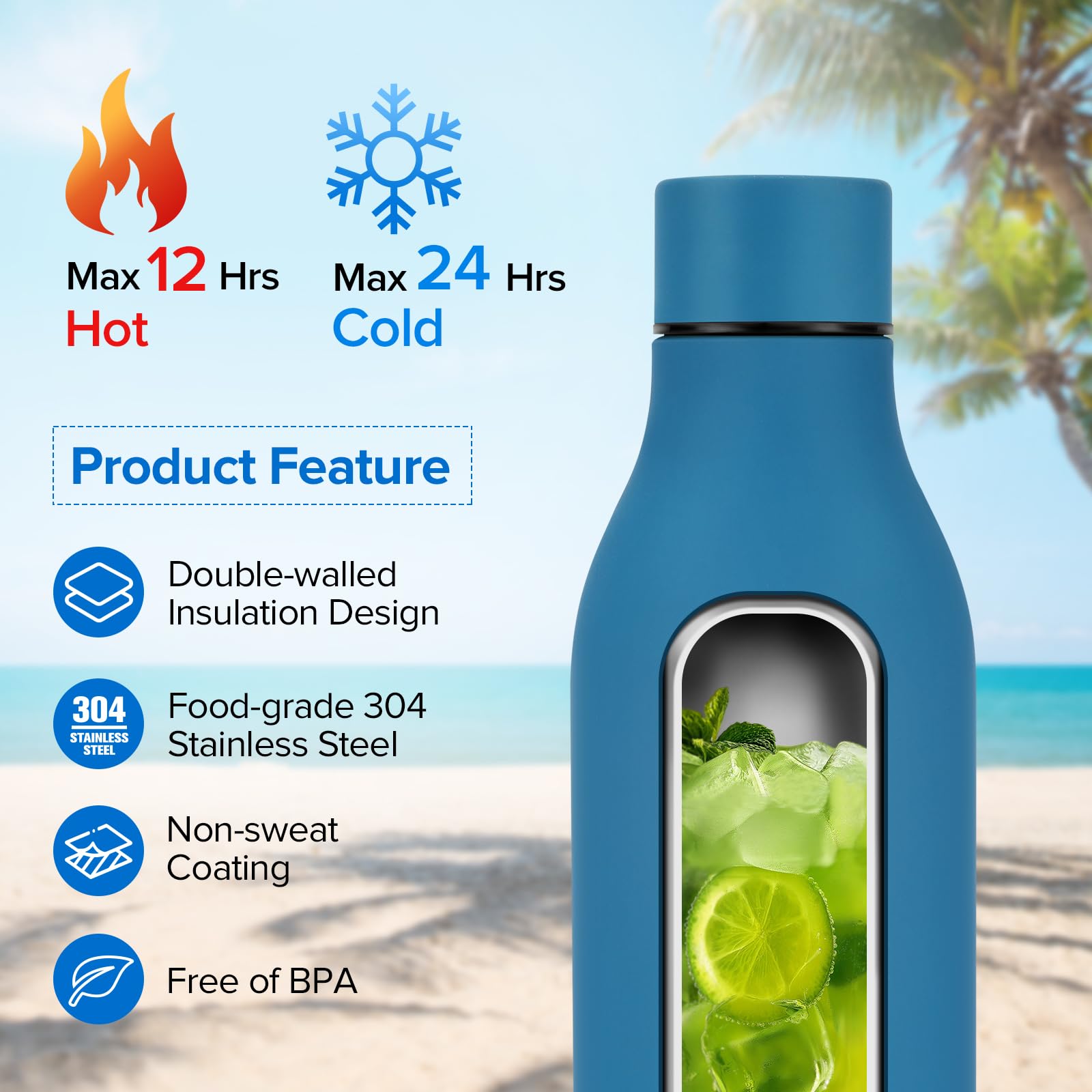 Insulated Metal Water Bottle, 18 Oz Stainless Steel Leak-Proof Gym Water Bottle With Lid For Men