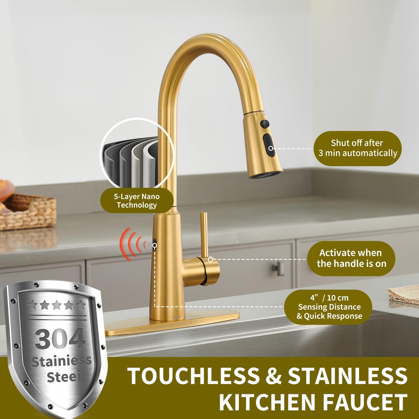 Tohlar Gold Touchless Kitchen Sink Faucet, Smart Bar Faucets With Pull Down Sprayer, 1 Or 3 Hole Design Single Handle 304 Stainless Steel Motion Sensor Faucets For Kitchen Bar Sink Rv
