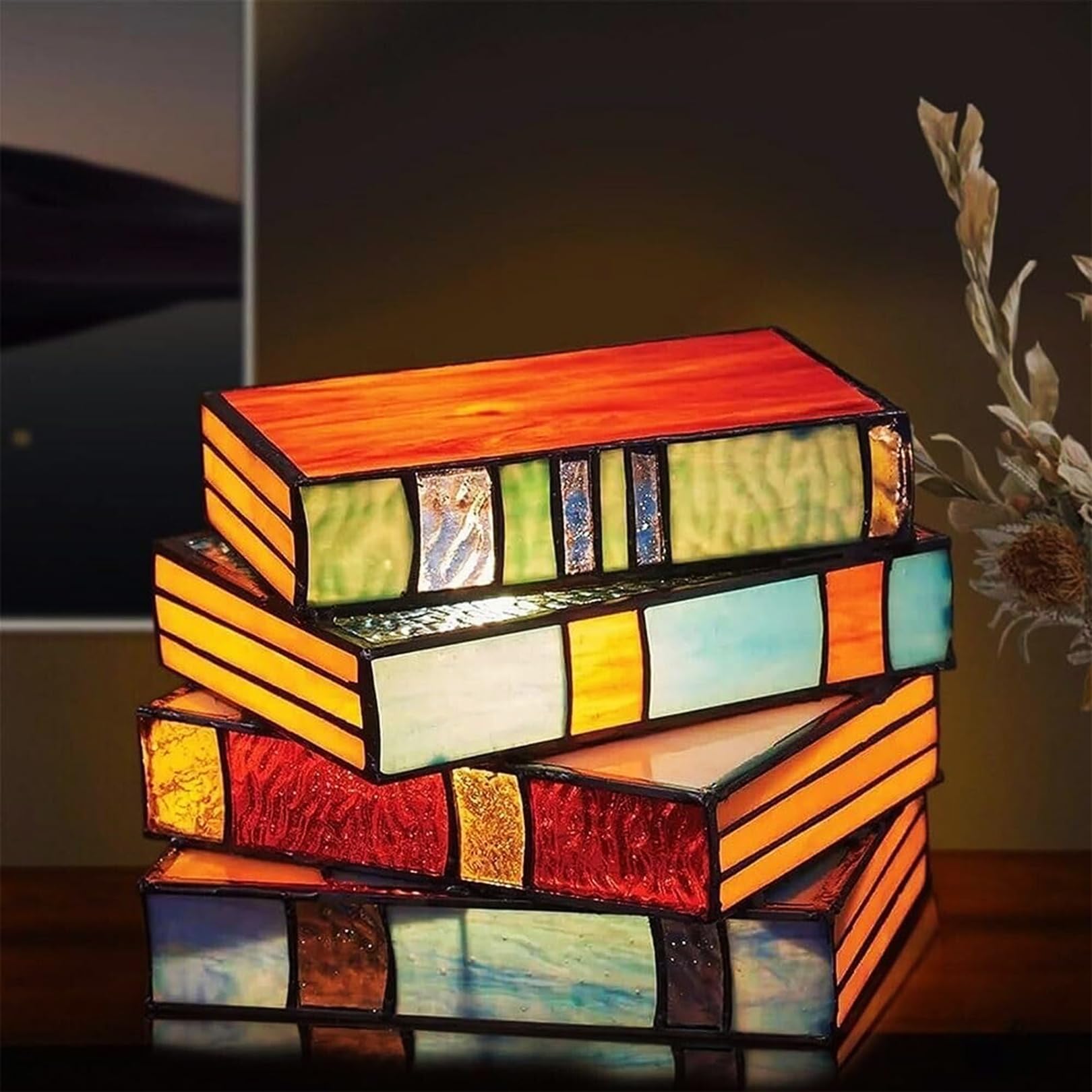 Desniltol Resin Stained Stacked Books Lamp, Vintage Nightstand Desk Book Lamps For Living Room, Handcrafted Resin Table Lamp For Living Room, Bedroom, Office Decor