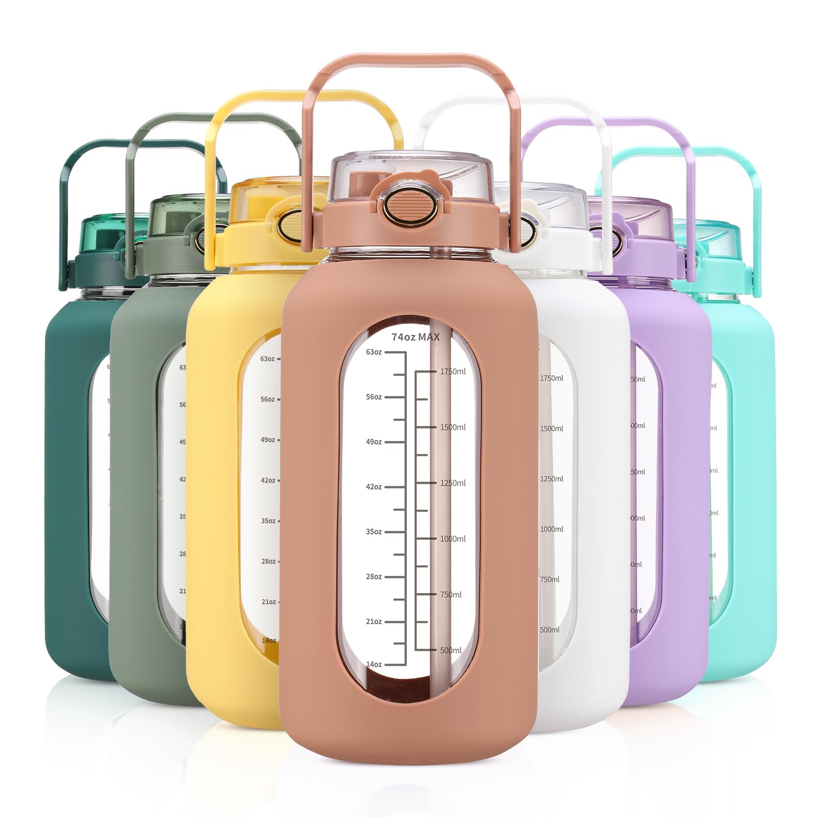 74 Oz Glass Water Bolttles With Straw Large Motivational Water Bottle With Time Marker Sports Water