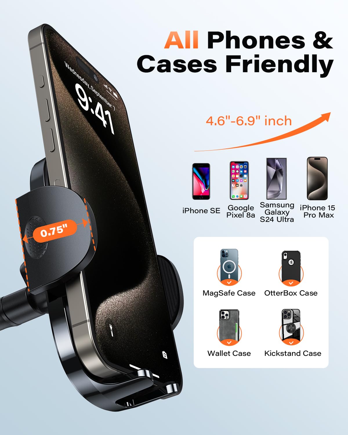 Apps2Car Cell Phone Holder For Car Dashboard Windshield Phone Mount For Car Long Arm Car Phone Holder Mount Strong Suction Cup Anti-Shake Stabilizer Compatible For Iphone, Samsung, All Smartphones