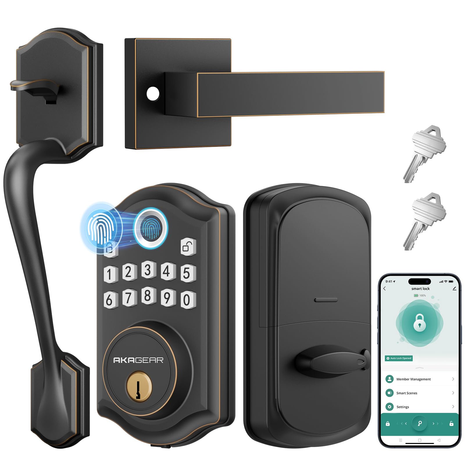 Akagear Ds10 Pro Keyless Entry Door Lock With Handle Set, Smart Front Door Locks Set, Electronic Keypad, Fingerprint Deadbolt, Bluetooth App Control, Auto-Lock & One Touch Locking, Oil Rubbed Bronze