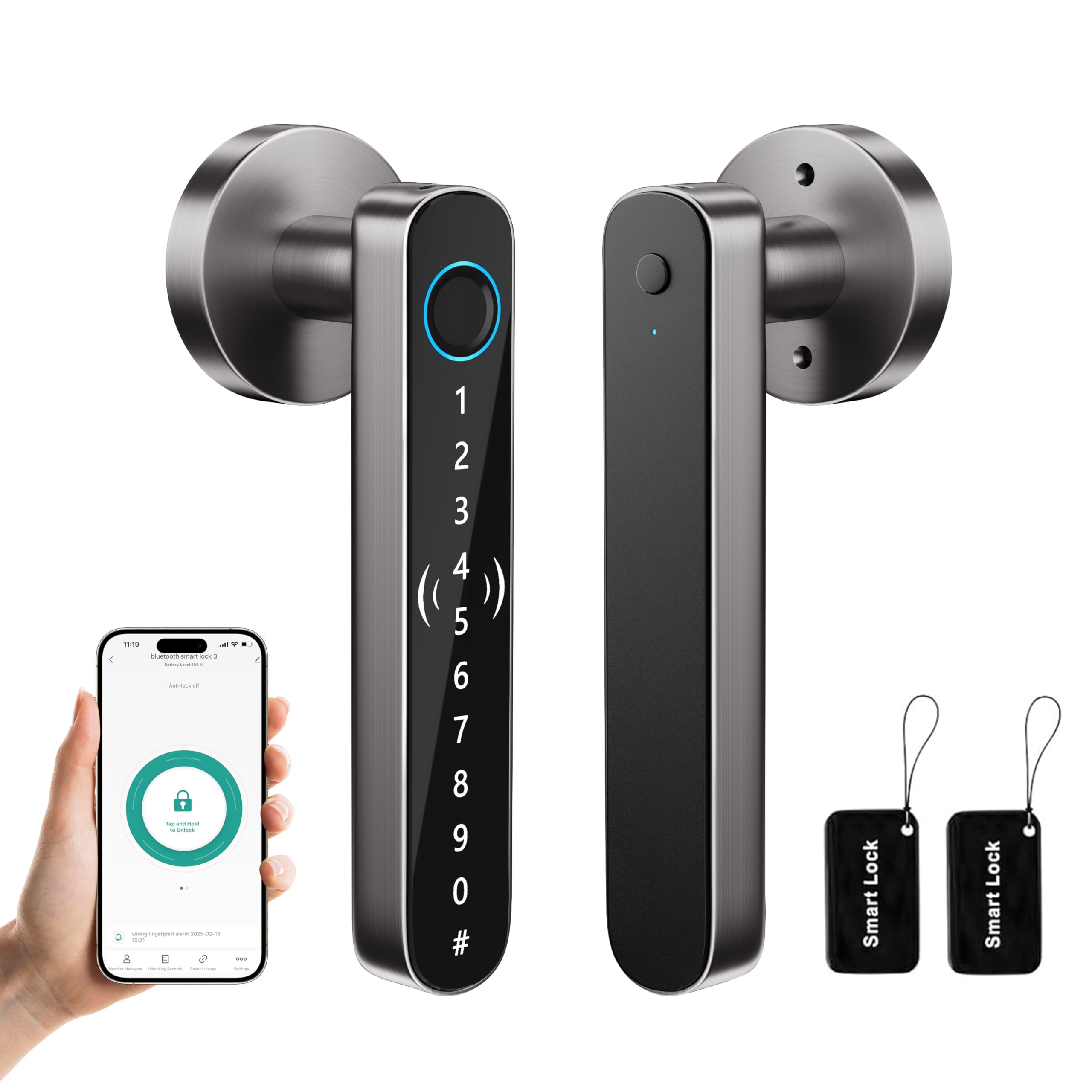 Vanzbon 5 In 1 Fingerprint Door Handle Lock For Bedroom,Smart Biometric Door Knob With Code,Electric Finger Print Doorknob,Keyless Smart Entry Door Lock Handle For Apartment,Interior Door,Office(Grey,Black)