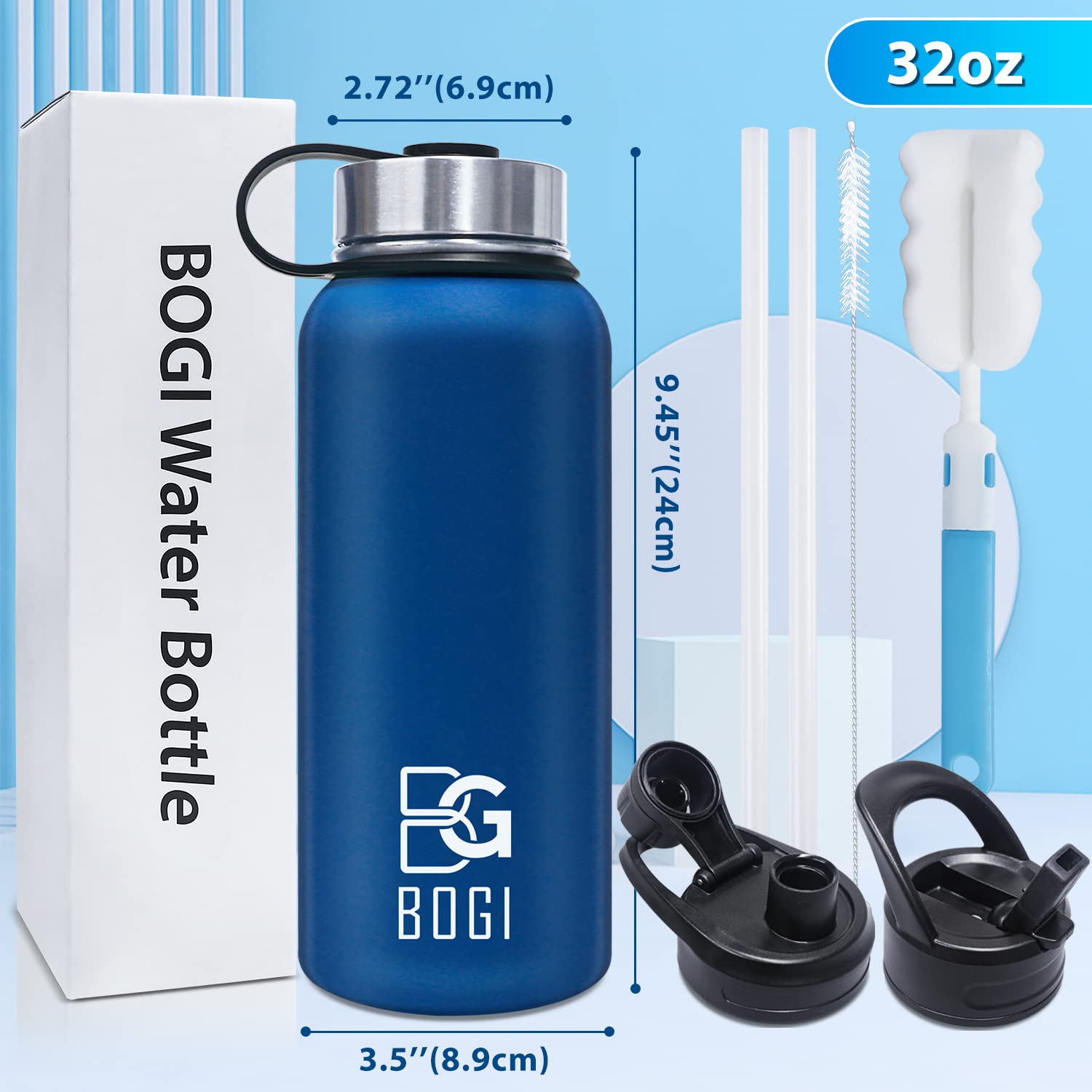 Bogi Insulated Water Bottle 32 Oz, Double Wall Vacuum Stainless Steel Water Bottle With Straw