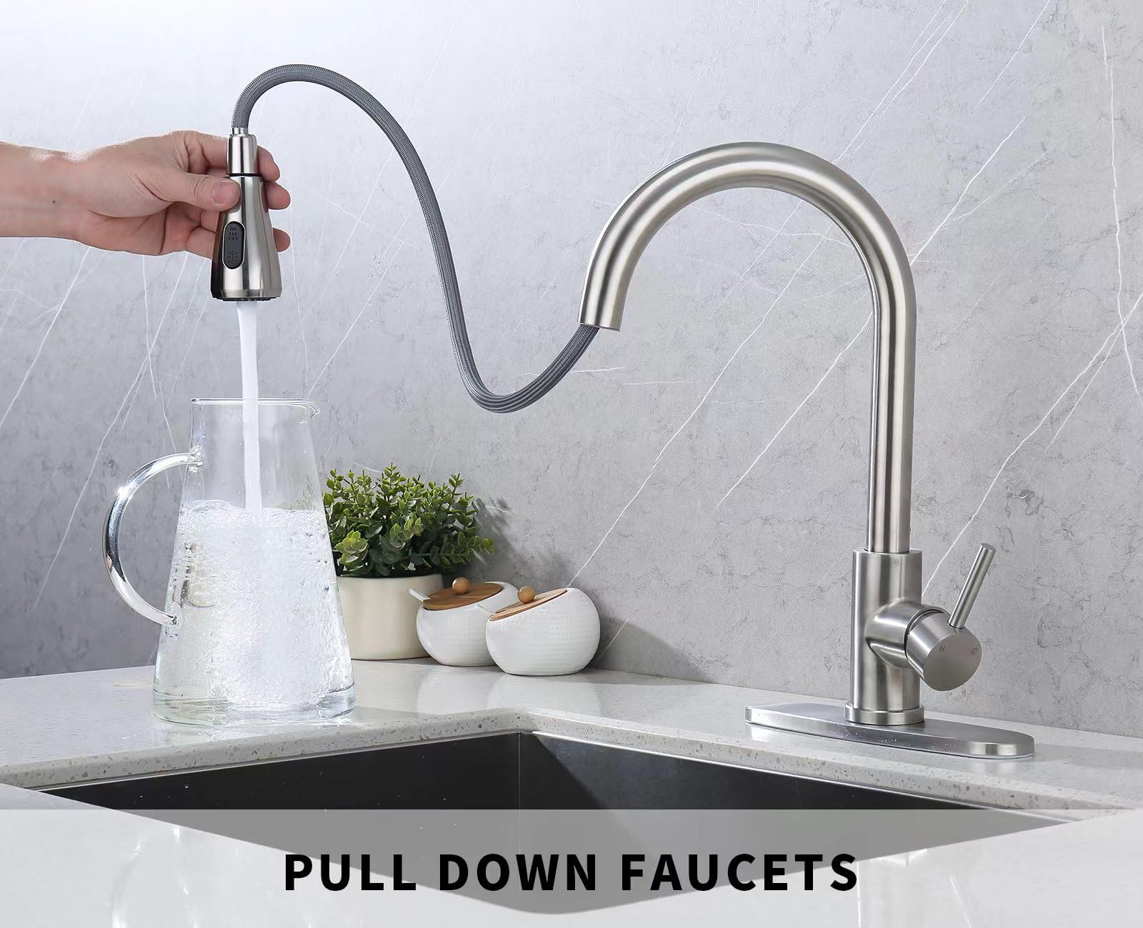 Mayyaya Kitchen Faucet With Pull Down Sprayer- Brushed Nickel Sink Faucets, 360° Swivel Single Handle High Arc Stainless Steel, Commercial Modern Kitchen-Faucets, 1/3 Hole, Deck Plate Included (3-Model)