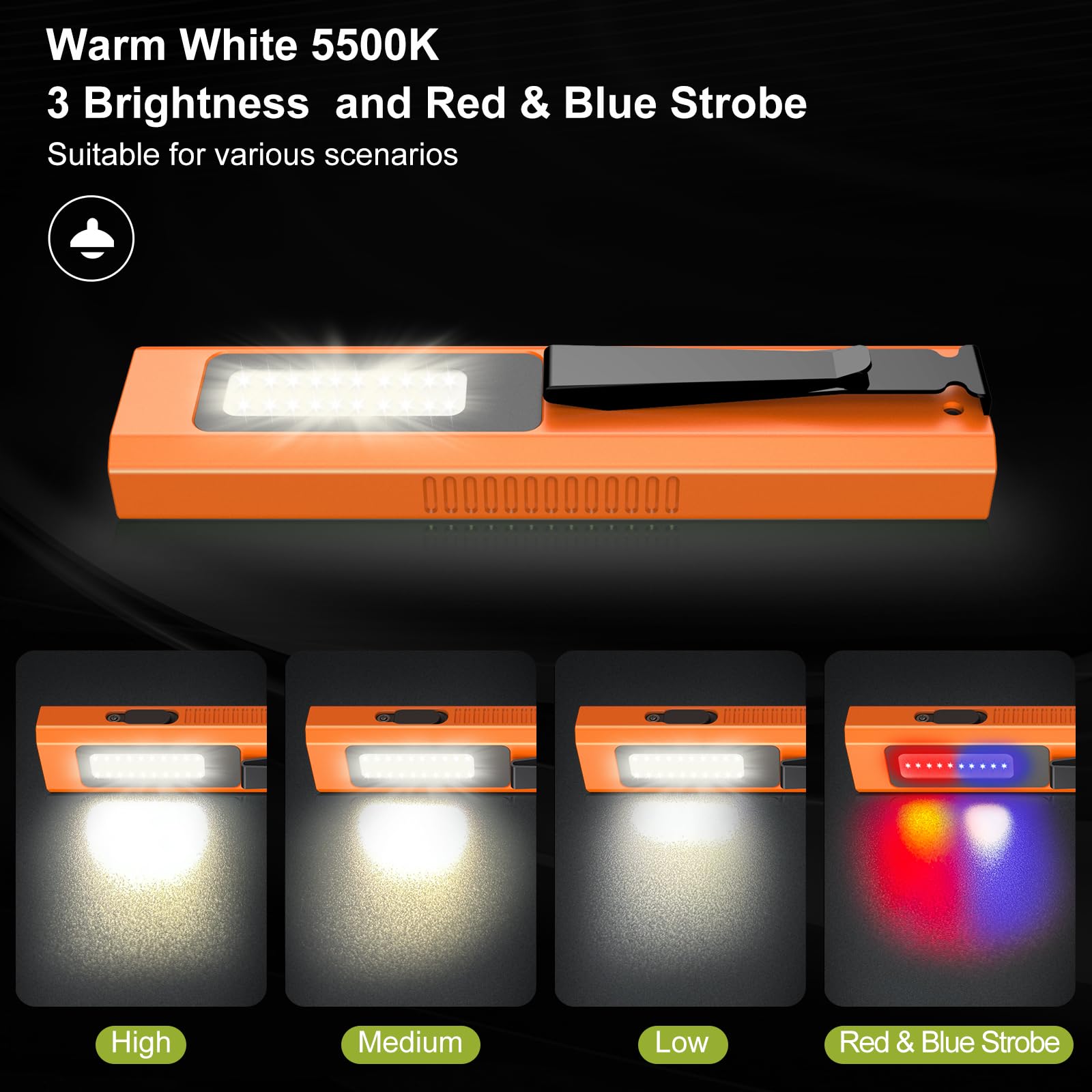 Resptasski Edc Flat Flashlight High Lumens, Rechargeable Pocket Light With White/Warm Led, Uv, Gream Beam, Flash Combo, 4 Bright Modes, Double Magnetic Base, For Outdoors, Emergency, Work, Detection (Orange)