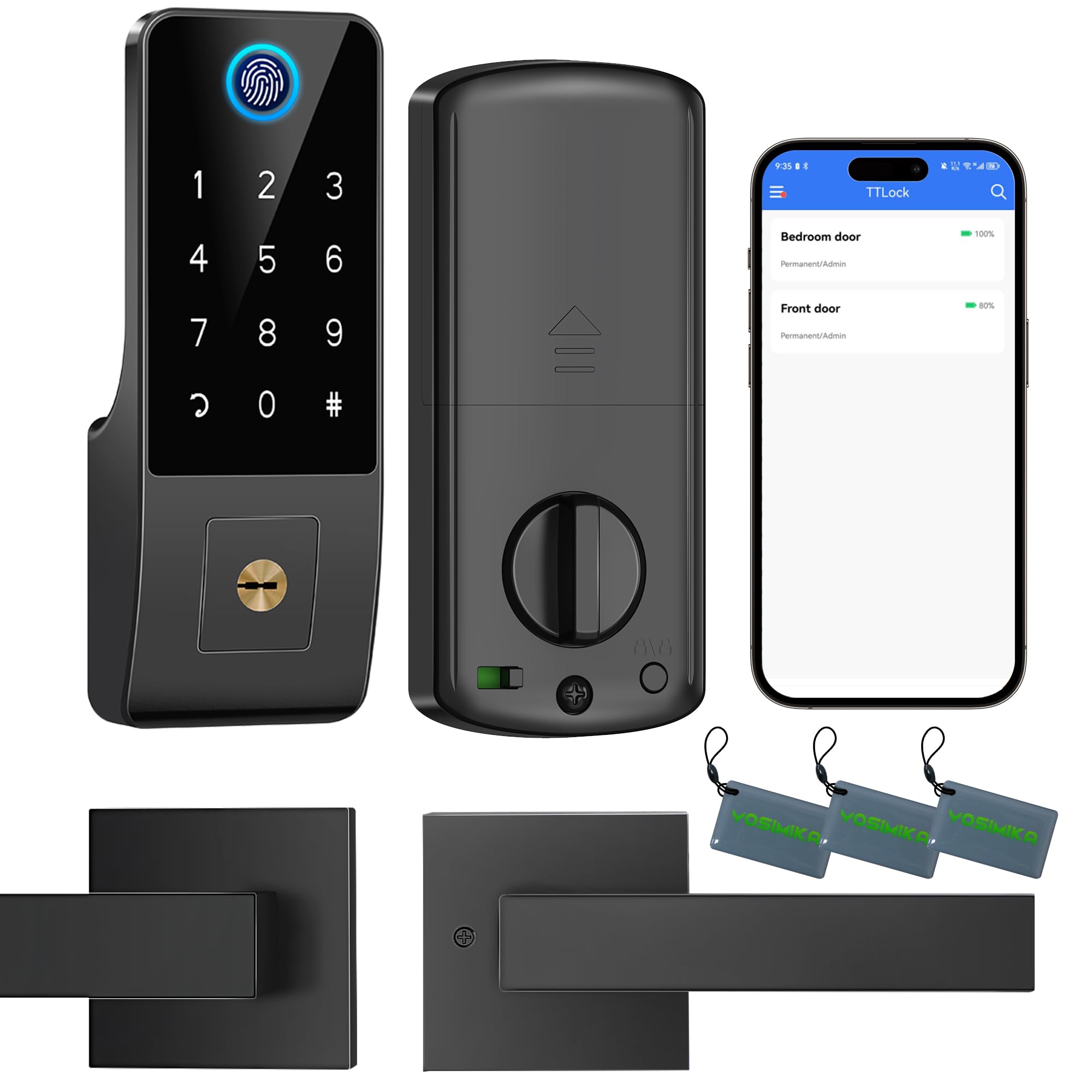 Yosimika Smart Fingerprint Digital Door Lock - Keypad Lock And 2-Lever Handle Set,Keyless Entry Deadbolt For Front Door, App & Voice Control, Auto-Lock, Anti-Peep,Matte Black