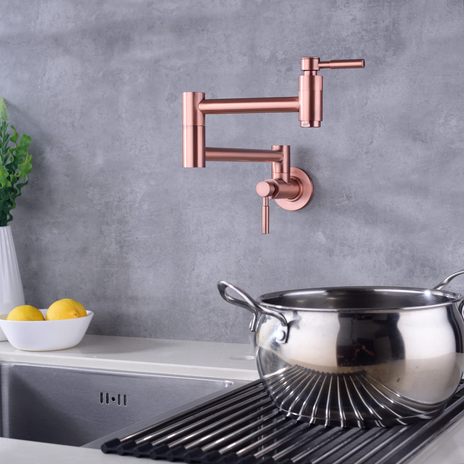 Fonveth Copper Pot Filler Faucet,Brass Pot Filler Wall-Mount,Folding Stretchable Double Joint Swing Arm Single Hole Two Handle Kitchen Sink Pot Filler Faucet Rose Gold