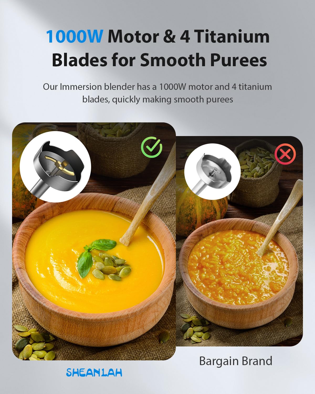 Sheanlah 1000W Powerful Immersion Blender Handheld, Update Hand Blender With 25-Speed And Heavy-Duty Copper Motor, 4 In 1 Hand Mixer With Chopper, Whisk, Beaker And Wand