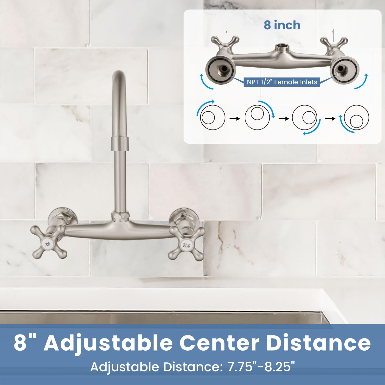 Airuida Brushed Nickel Wall Mounted Kitchen Faucet 8 Inch Center Wall Mount Commercial Sink Faucet 360 Degree Swivel Spout Utility Laundry Restaurant Sink Tap With 2 Handles