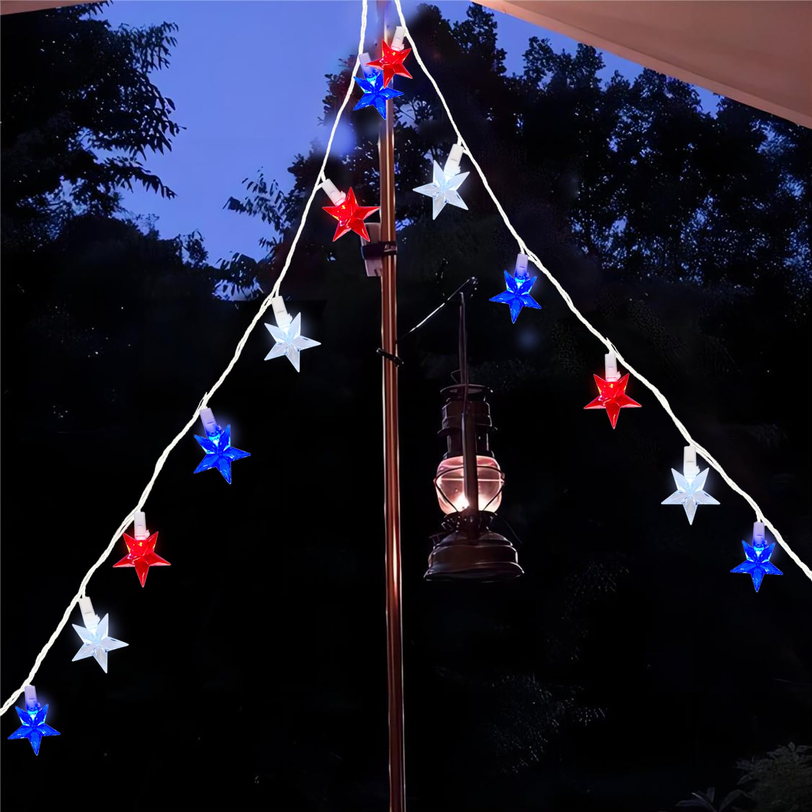 Egcol 13.6Ft Red White And Blue Star Lights With 38 Led Triplecolor Star Lights(3 Spare),Outdoor Patriotic Led Star Lights For Indoor Outside Garden Memorial Independence Day Inauguration Decor