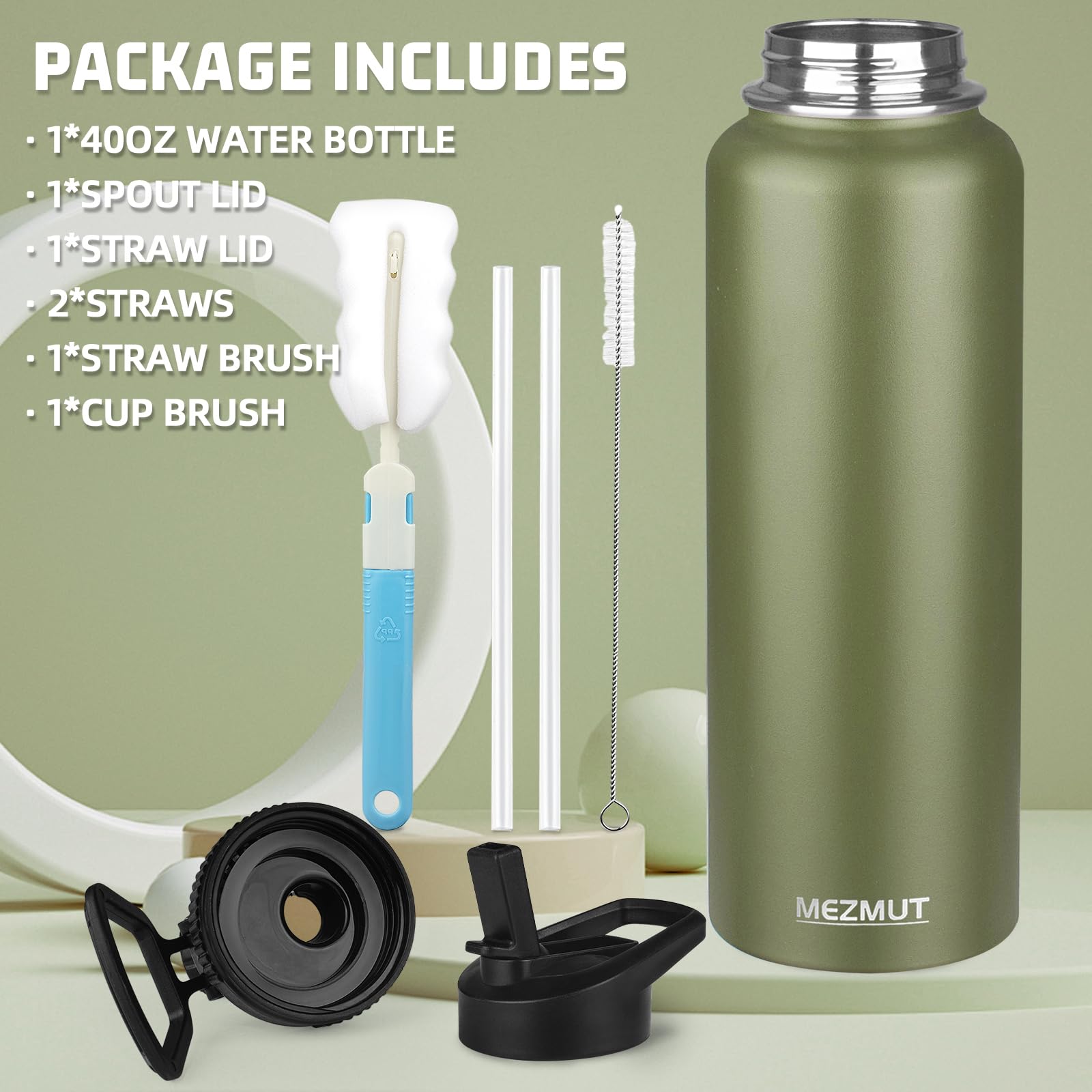 Mezmut Insulated Water Bottle With Straw&2 Lids 40Oz Stainless Steel Water Bottles Sports Metal