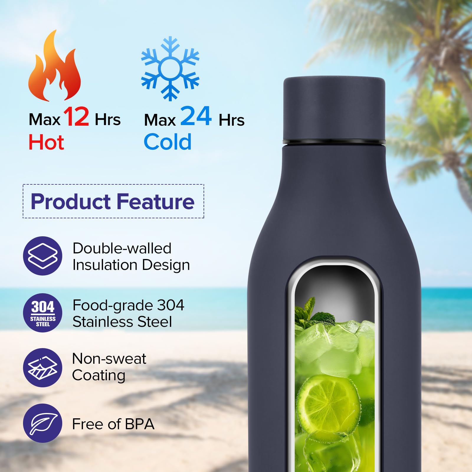 Insulated Metal Water Bottle, 18 Oz Stainless Steel Leak-Proof Gym Water Bottle