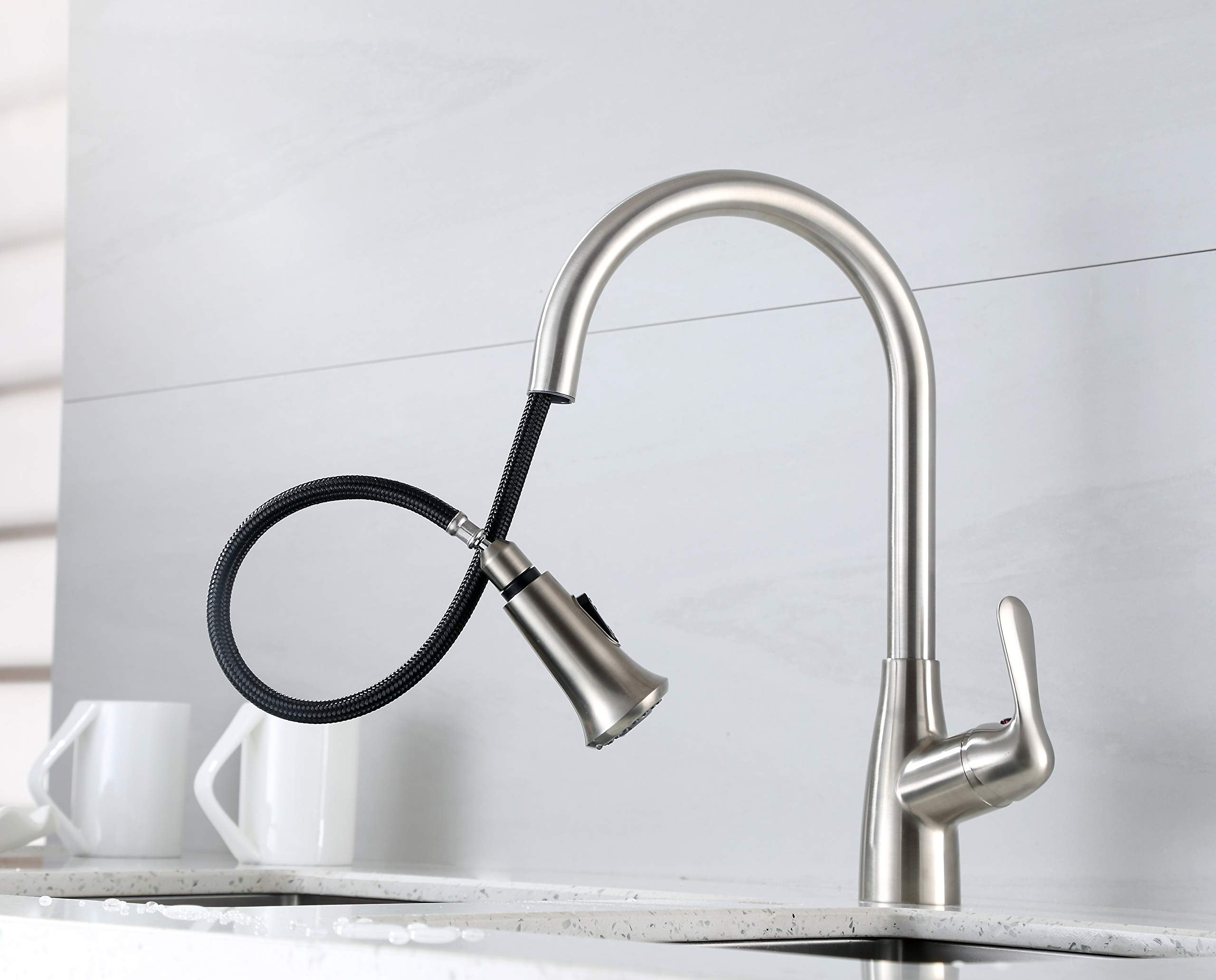 Derengge Stainless Steel Kitchen Faucet Single Handle Pull-Down Kitchen Sink Faucet With Soap Dispenser,Faucet For Farmhouse, Camper, Laundry, Rv, Bar,2 Hole Installation,Kf-058S-Ss