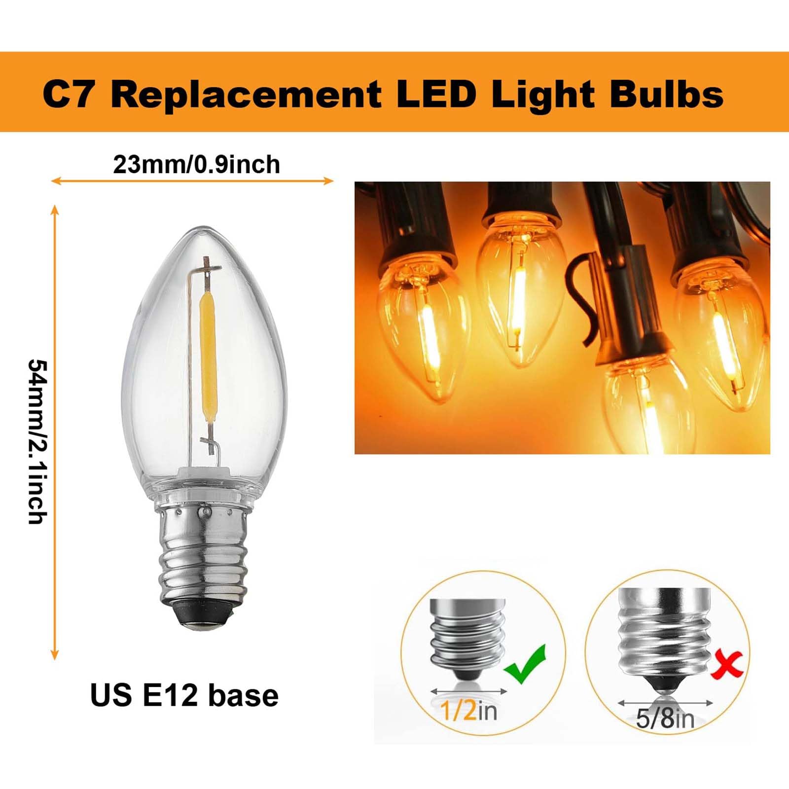 Abulber 25 Pack C7 Led Replacement Light Bulb,Shatterproof,Waterproof,Plastic Led Bulbs For Christmas Indoor Outdoor String Lights,E12 Base Warm White