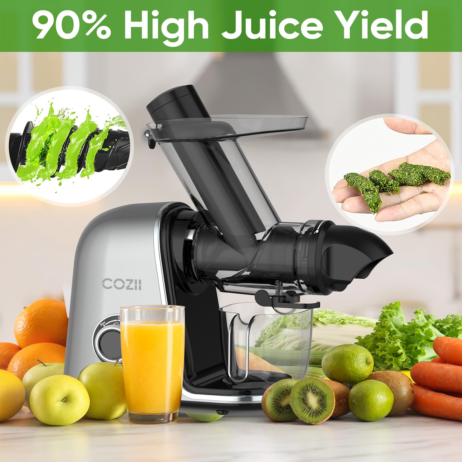 COZII Cold Press Juicer Machines, COZII Slow Masticating Juicer Extractor Soft/hard Mode, 3.6" Large Feed Chute For Vegetable and Fruit - Koospark