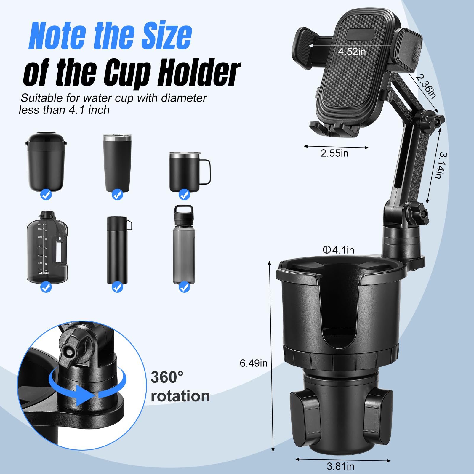 This Hill Cup Holder Phone Mount For Car, 2 In 1 Car Cup Phone Holder Expander With Adjustable Base,360 Degree Rotation,Cup Phone Holder For Car Compatible Iphone,Samsung & All Smartphones