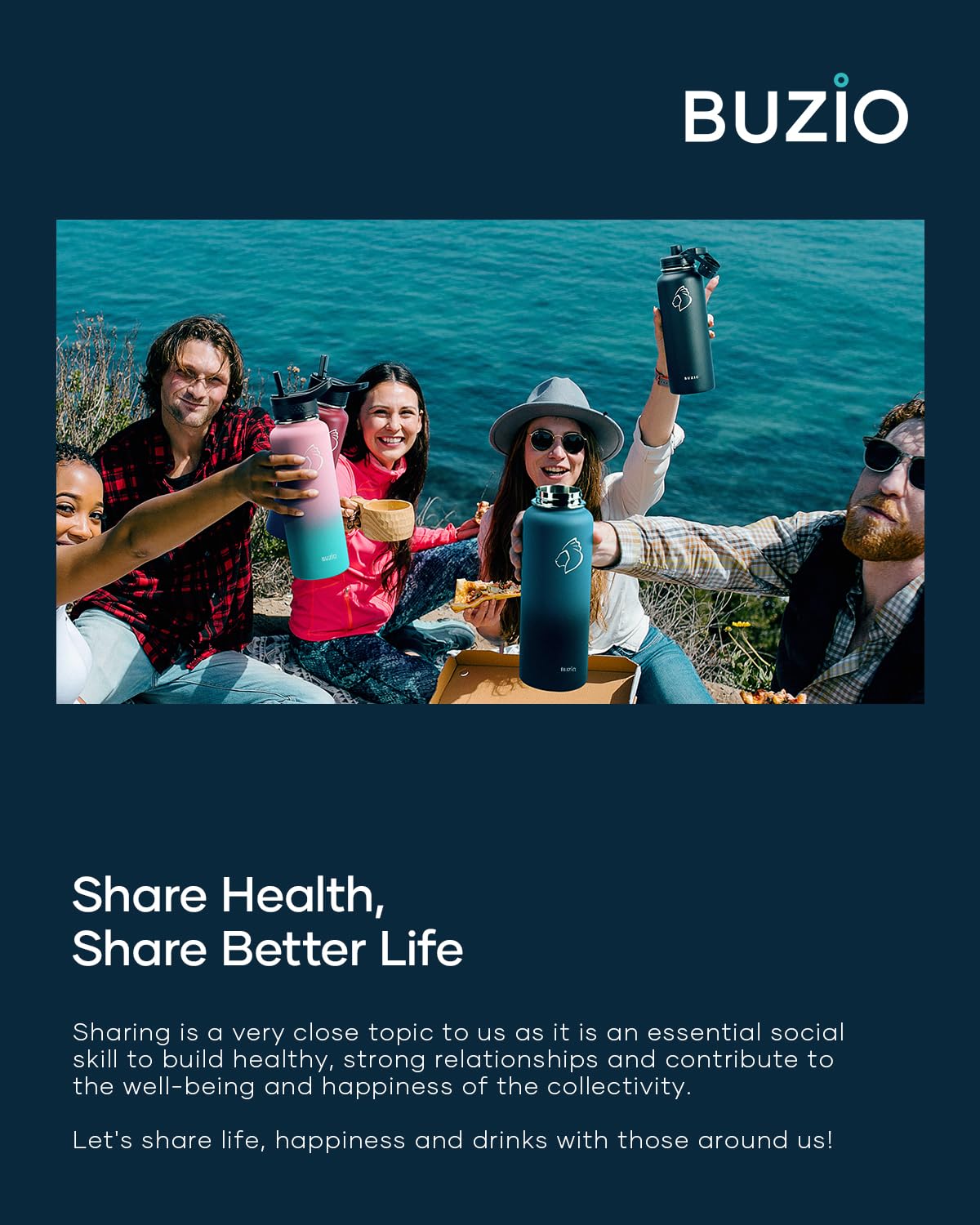 Buzio 40 Oz Water Bottle Insulated With Straw & 3 Lid And Carrying Pouch, Leak Proof Anti-Slip