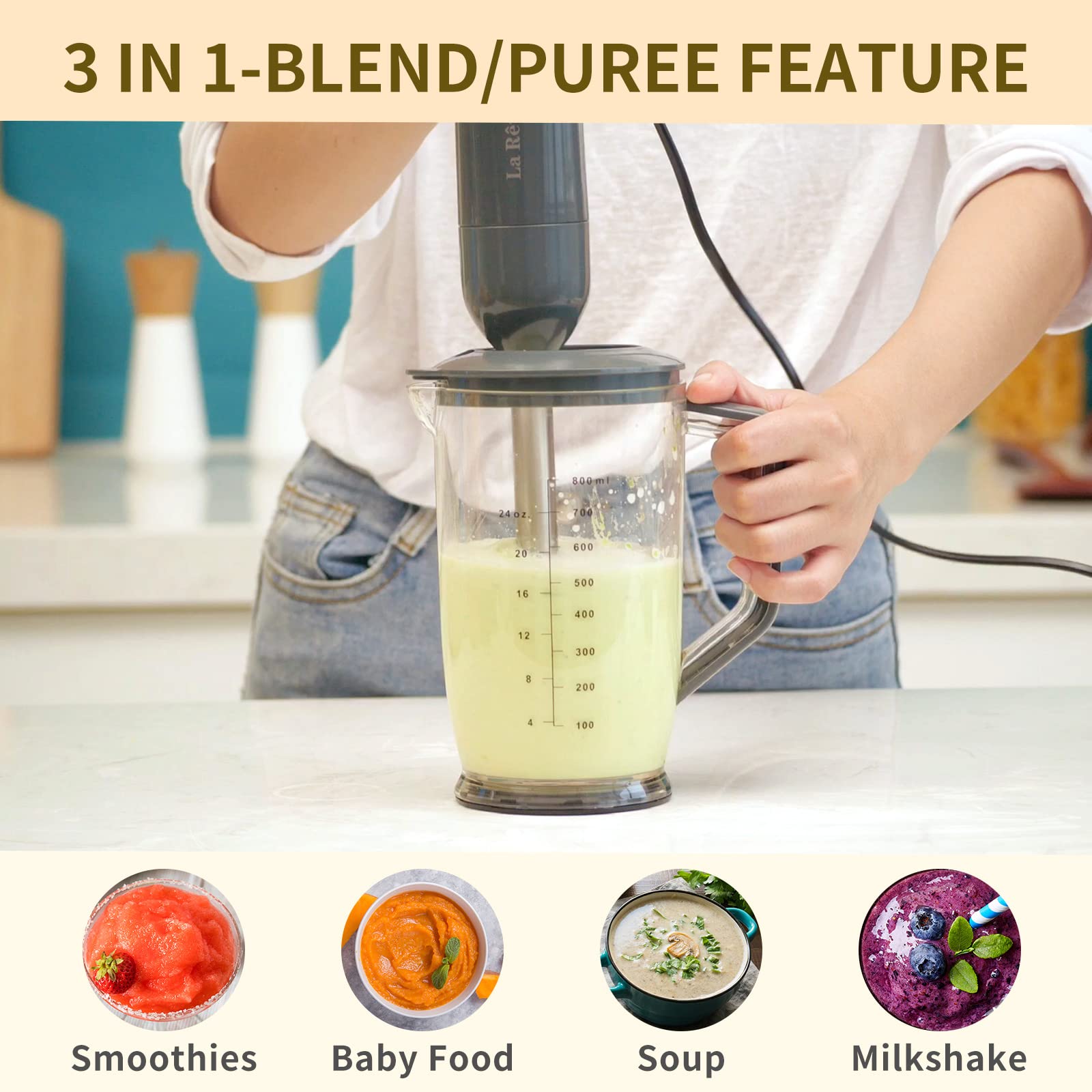 La Reveuse Immersion Blender Handheld, 3 In 1, 300 Watts 2 Speeds Multi-Purpose With Whisk,Mixing Beaker,Food Chopper Grinder Attachments