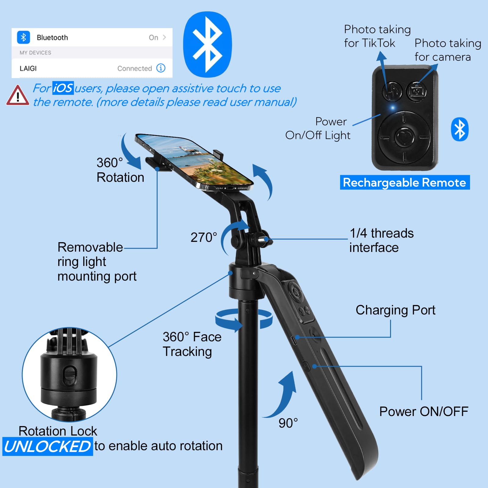 Bizisofon 70.9" Auto Face Tracking Tripod 360° Rotation With Stand & Light, Phone Camera Holder Stand With Remote & Gesture Control, Extendable Selfie Stick For Gopro/Travel/Vlog/Video/Tiktok/Live Streaming