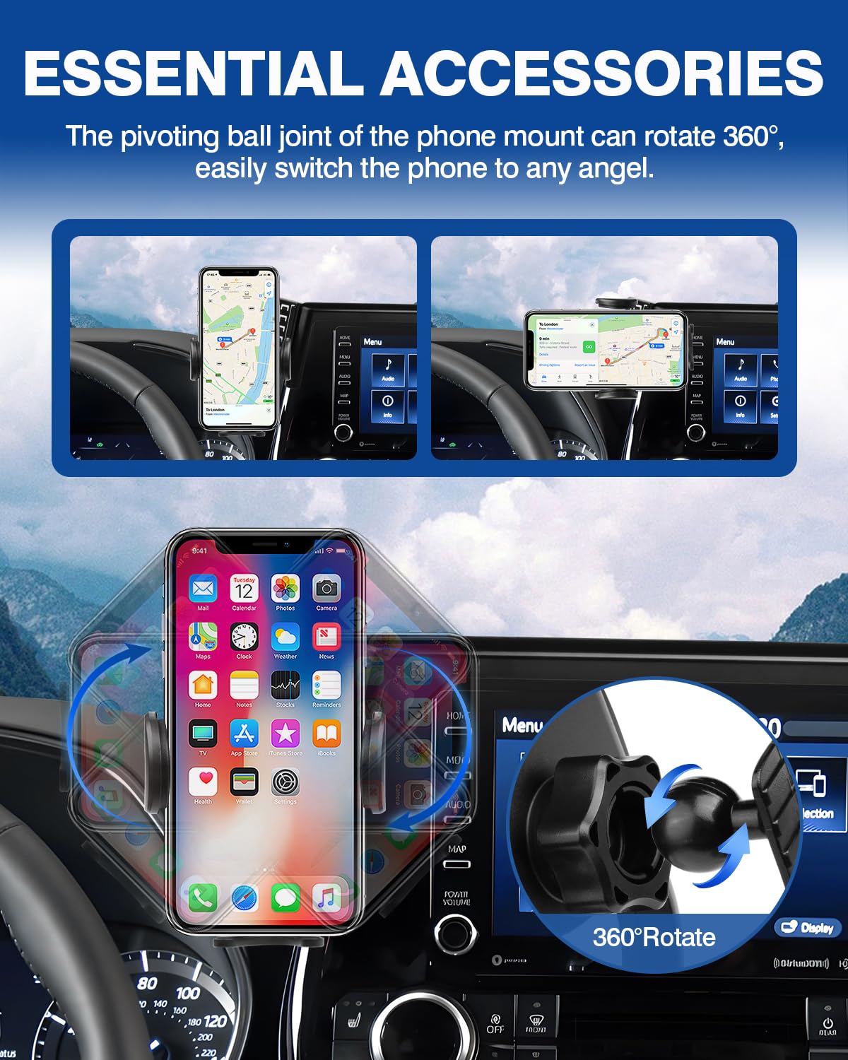 Autorder Custom Fit For Car Phone Holder 2020- Toyota Highlander Accessories Phone Mount 8" Screen Cell Phone Automobile Cradles Hands- 360 Degree Rotation