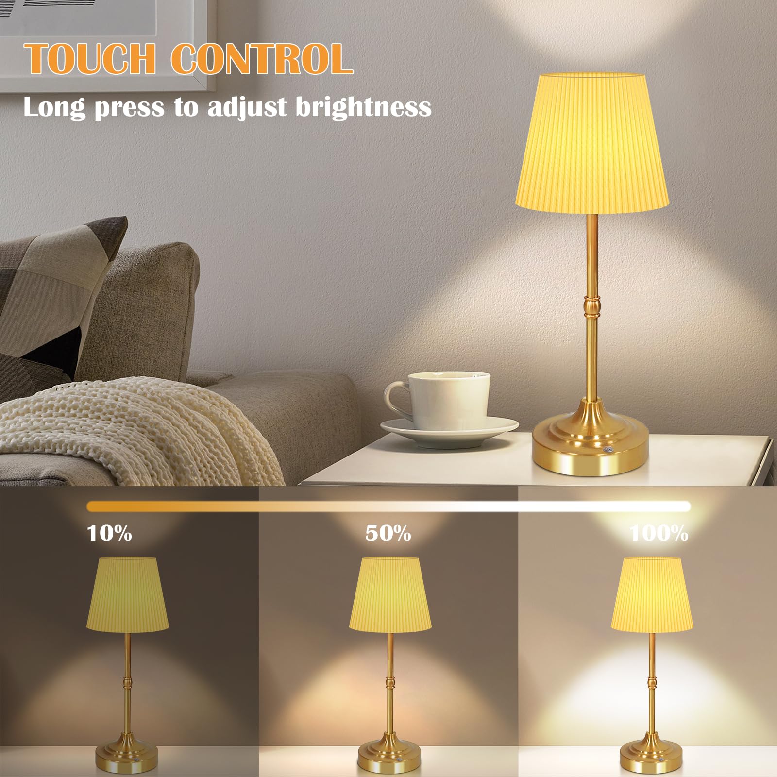 Aoteam Cordless Table Lamp For Bedroom, Touch Lamps For Nightstand With Pleated Shade, Led Bedside Lamp Rechargeable, 5500Mah, Stepless Dimming, Suitable For Living Rooms, Parties, Study Room