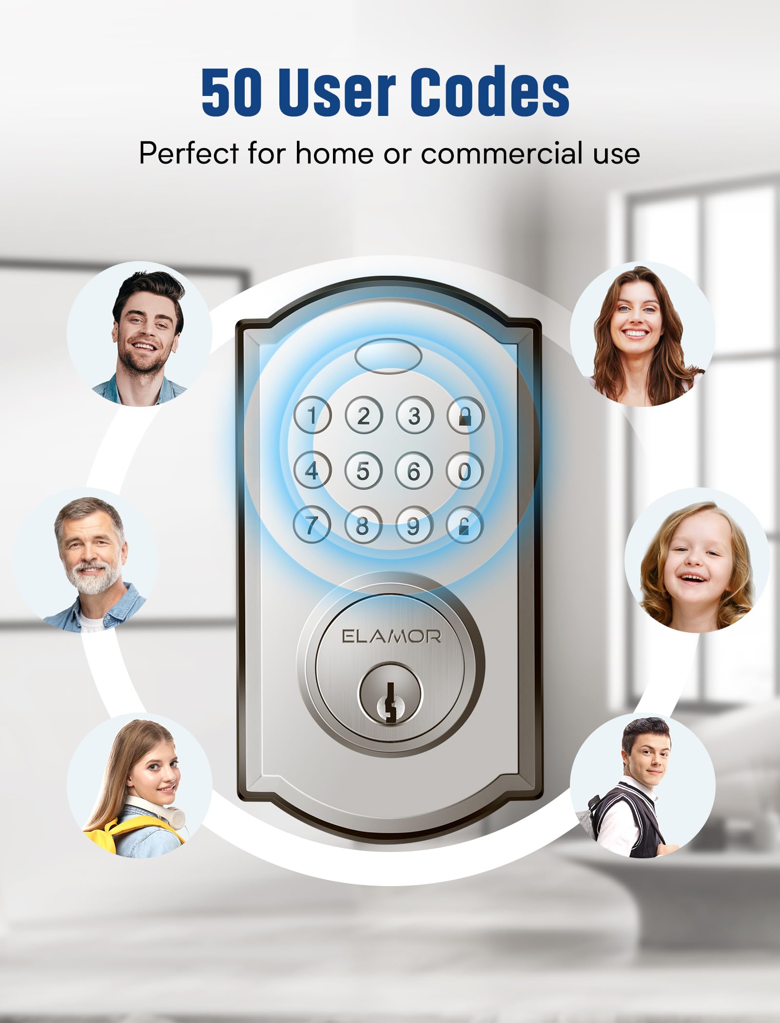 Elamor M19 Keyless Entry Door Lock With 2 Lever Handles, Auto Lock, 50 User Codes, Easy-To-Install Smart Door Lock For Front Door, Waterproof Security Handle Set, Home/Hotel Use, Sand Nickel