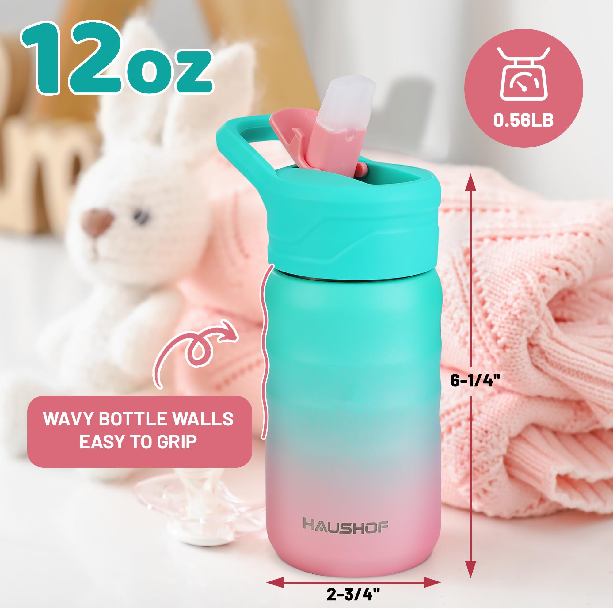 Haushof Kids Water Bottle 12 Oz- With Straw And Stickers, Stainless Steel Vacuum