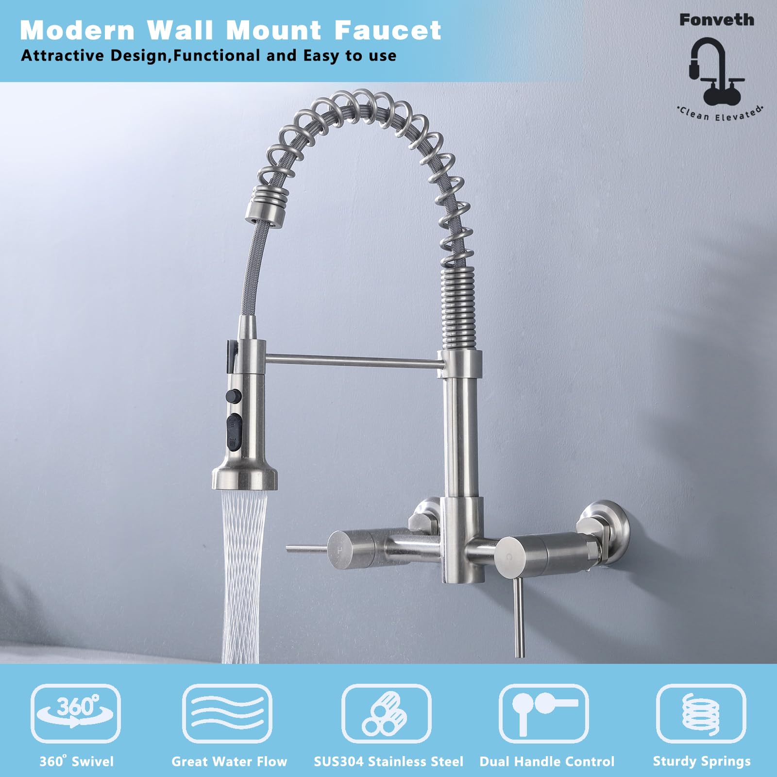 Fonveth Wall Mount Kitchen Faucet, 8 Inch Center Wall Mount Kitchen Sink Faucet With Pull Down Sprayer Commercial, Brushed Nickel