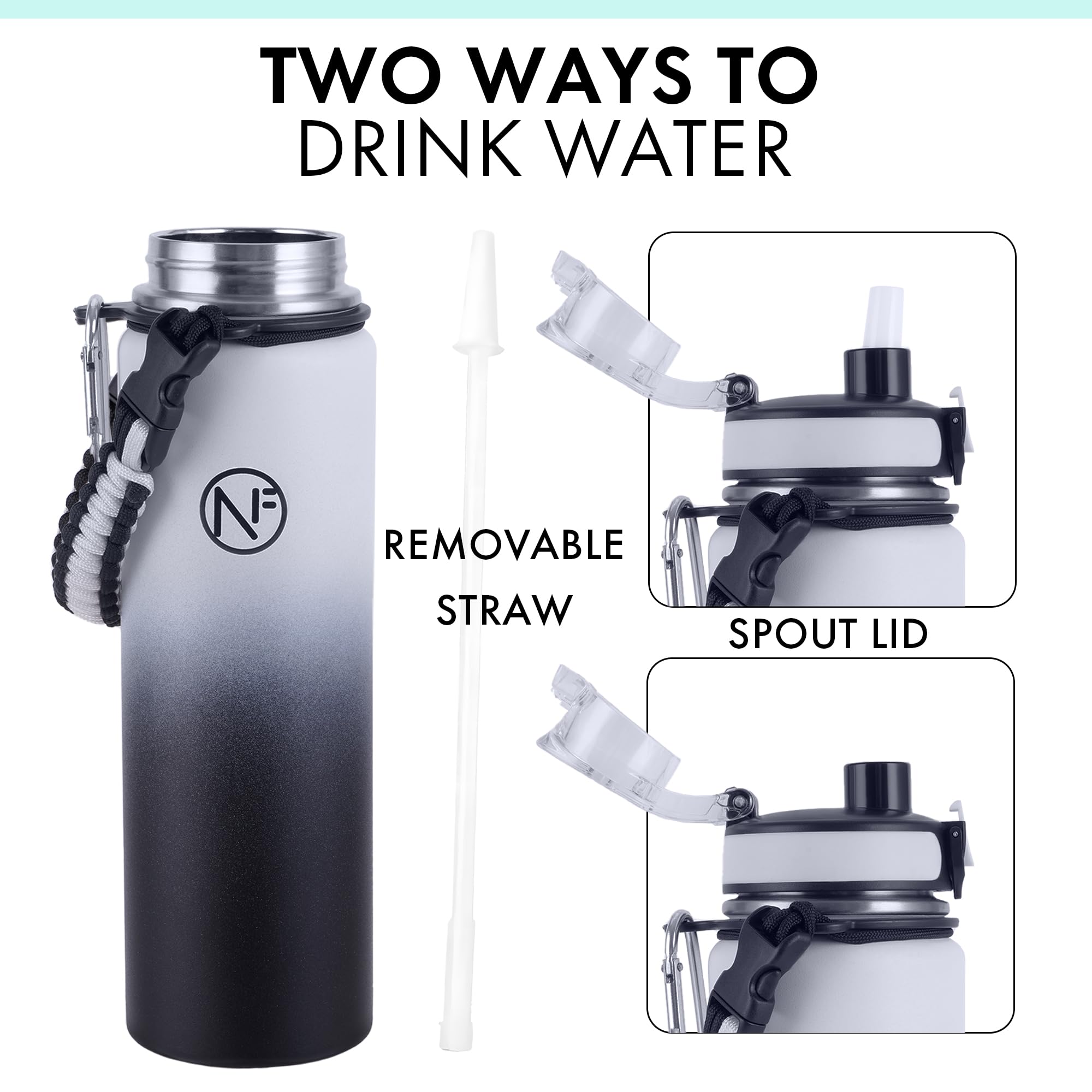 32 Oz Insulated Water Bottle With Detachable Straw & Paracord Handle, Stainless Steel Thermos Water
