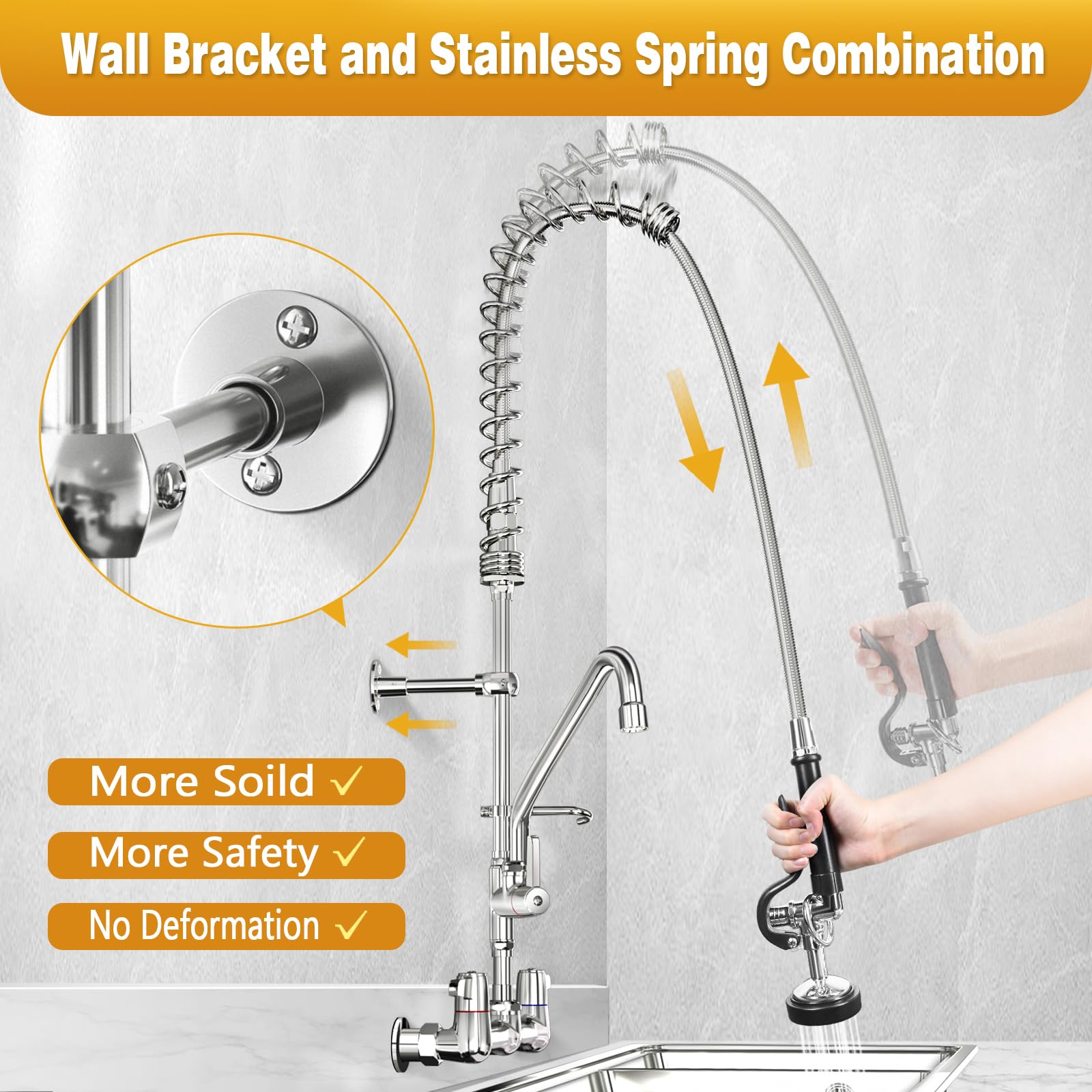 Bestjeef Commercial Sink Faucet With Sprayer For Restaurant-Chefs : Commercial Kitchen Faucet For Cook - 36" Height 8" Center Wall Mount Kitchen Faucet With Stainless Spring Spray And 12" Add-On Spout