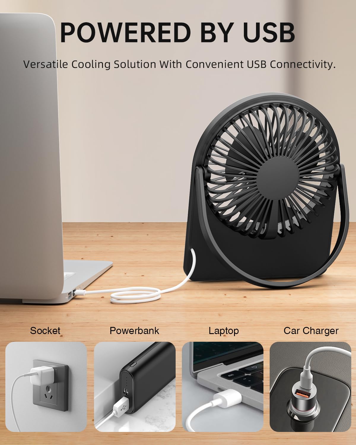 Portable Usb Desk Fan, Usb-A Corded Powered Small Personal Fan With 3-Speed, Hangable Mini Foldable