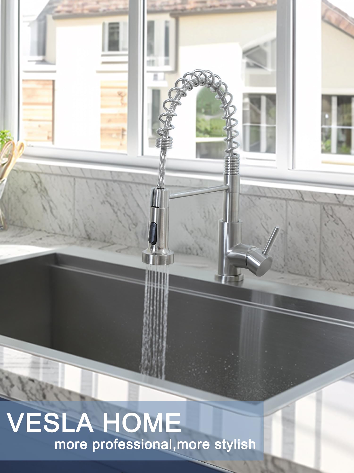 Vesla Home Kitchen Faucets, Brushed Nickel, Stainless Steel Kitchen Sink Faucet For 1 Or 3 Hole, Single Handle Pull Out Faucet For Farmhouse Camper Laundry Rv Bar Sink Outdoor