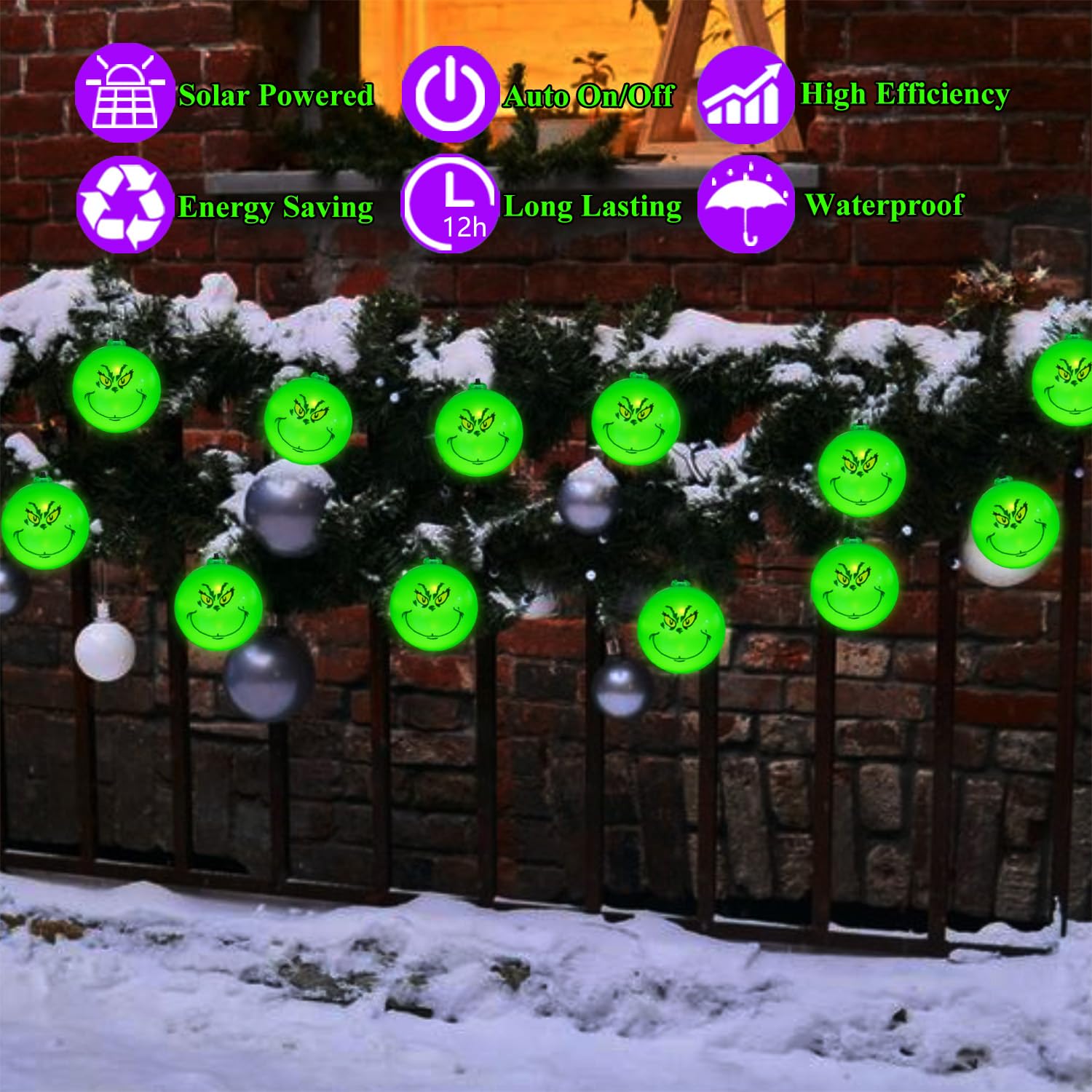 Close-up of Grinch-shaped LED lights glowing at night