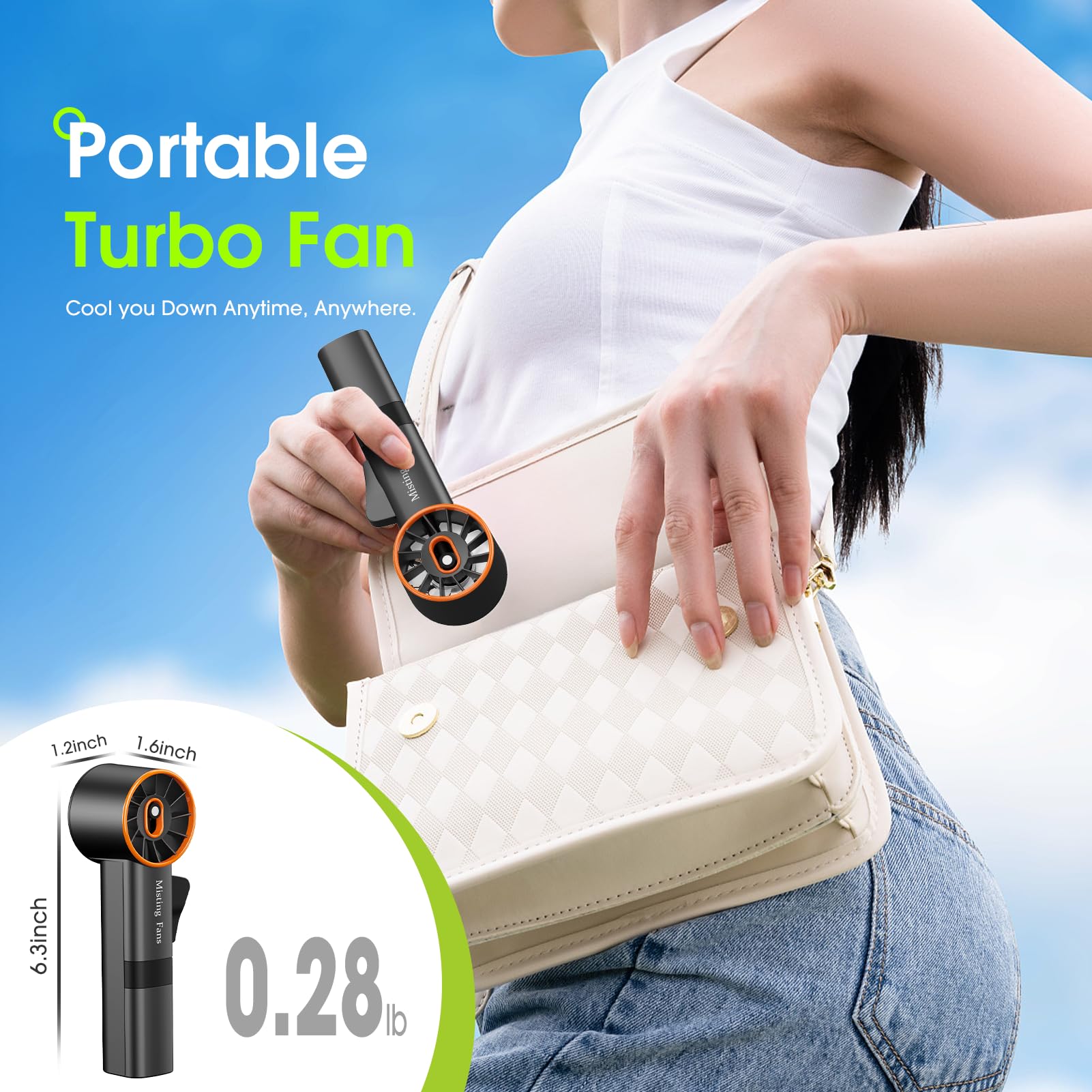 Portable Ausic handheld misting fan with turbo power, 3-speed settings, and misting feature for cooling