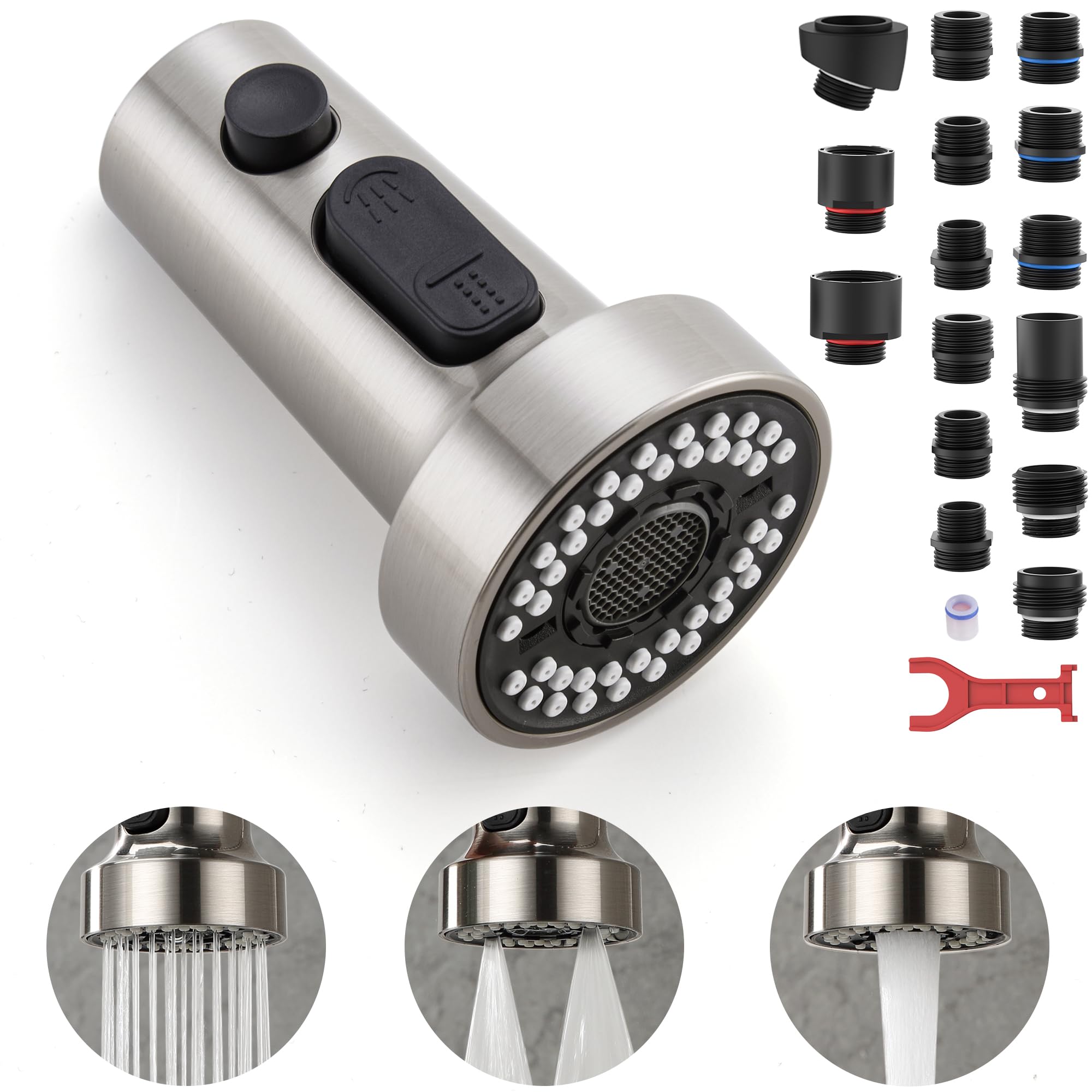 Tioriy Pull Down Spray Head Replacement - For Kitchen Faucet Sprayer Head With 15 Adapters, 3 Function Pull Out Faucet Spray Nozzle, Brushed Nickel