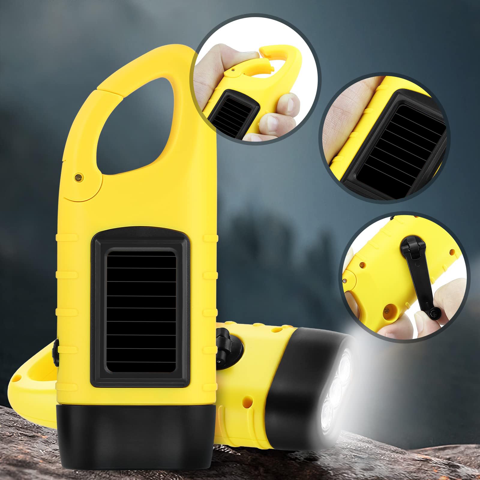 Eknbke Hand Crank Solar Flashlight, Portable Led Survival Flashlight For Camping, Outdoor, Hiking - No Battery Required - Yellow