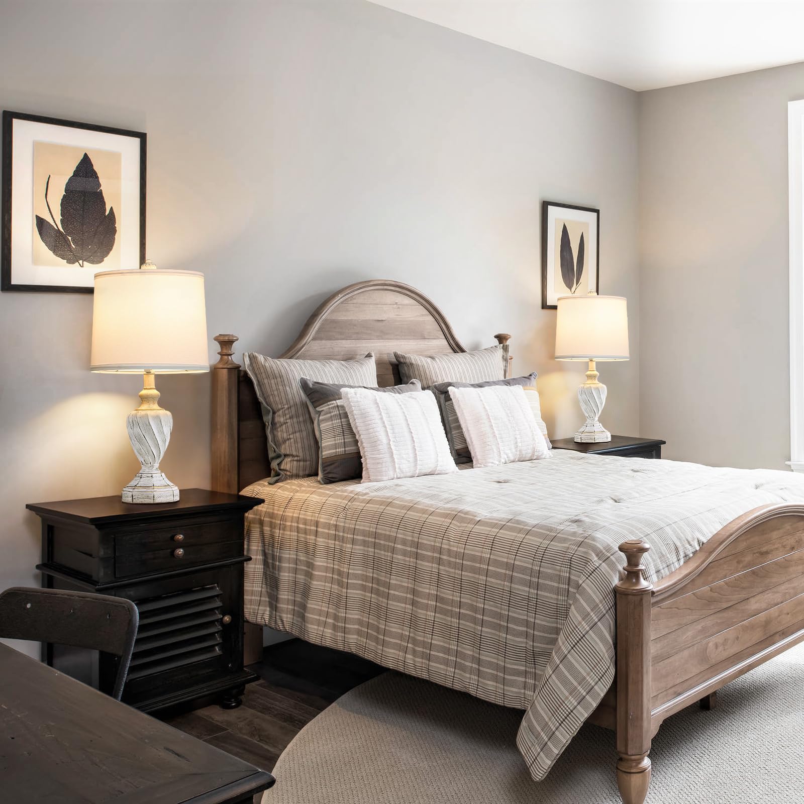 Spclsim 22.4" Farmhouse Table Lamps For Bedrooms Set Of 2, Rustic Resin End Table Lamps For Living Room Gold Trim Base, Bedside Nightstand Lamps, Bulbs Included