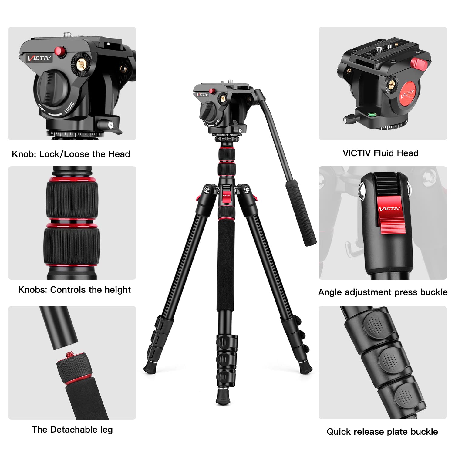 Victiv Camera Tripod, 72" Video Tripod With Fluid Head, Aluminum Heavy Duty Tripod With Carry Bag, Professional Camera Tripods & Monopods, Compatible With Canon, Sony, Dslr, Camcorder