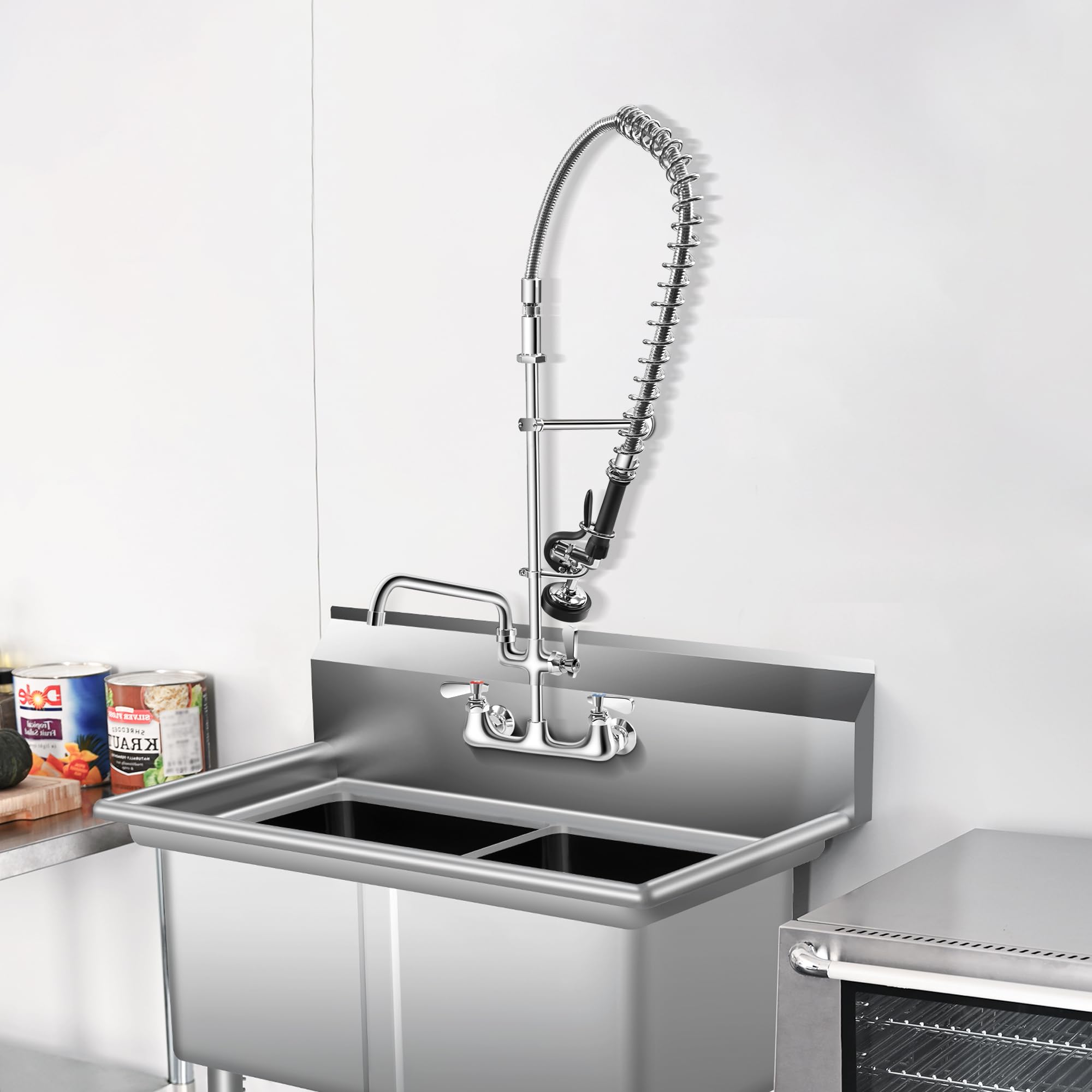 Hardura Restaurant Equipment Hardura Commercial Sink Faucet With Sprayer Wall Mount For Utility Sink, Kitchen Faucet Lead- Brass With 8" Center And 12" Swing Spout, 36" Adjustable Sprayer With 1.42 Gpm Flow Rate