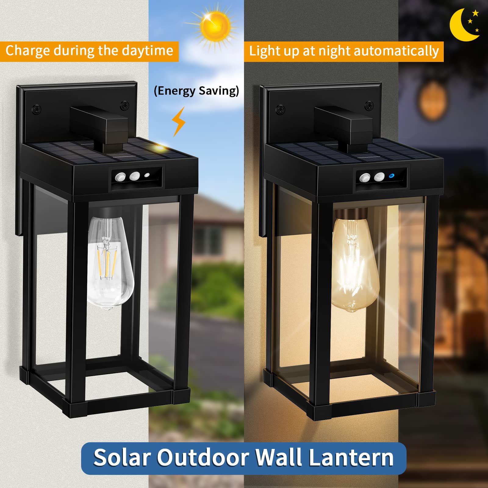 Aqonsie Solar Wall Lights Outdoor With 3 Lighting Modes & Motion Sensor, Solar Porch Light With 2 Bulbs, Waterproof Outdoor Wall Sconce Lantern Lamp Fixture For Garage Porch Shed Barn Yard Garden Front Door