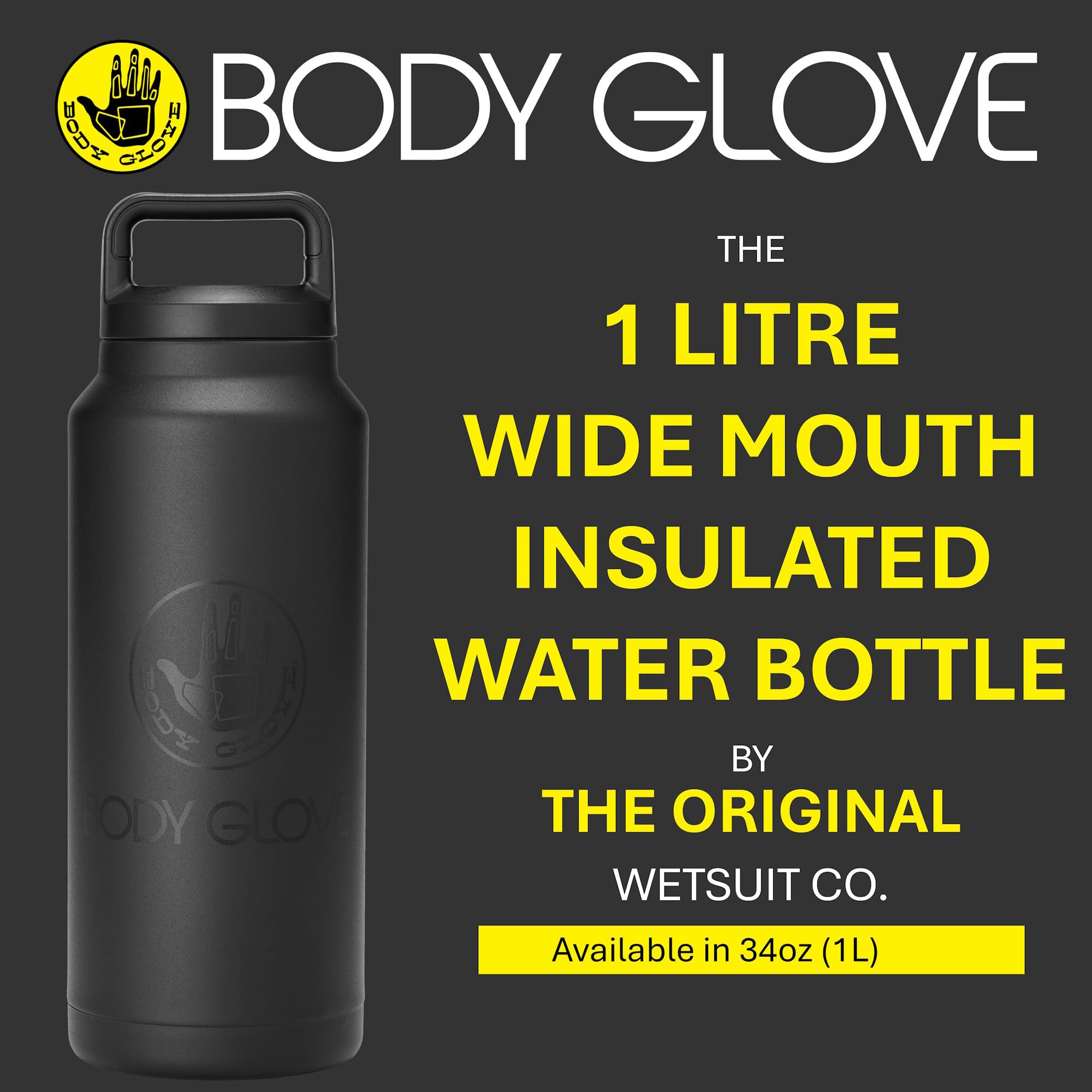 Body Glove 34Oz Insulated Stainless Steel Water Bottle, 1L Thermal Flask With Easy Cary Handle